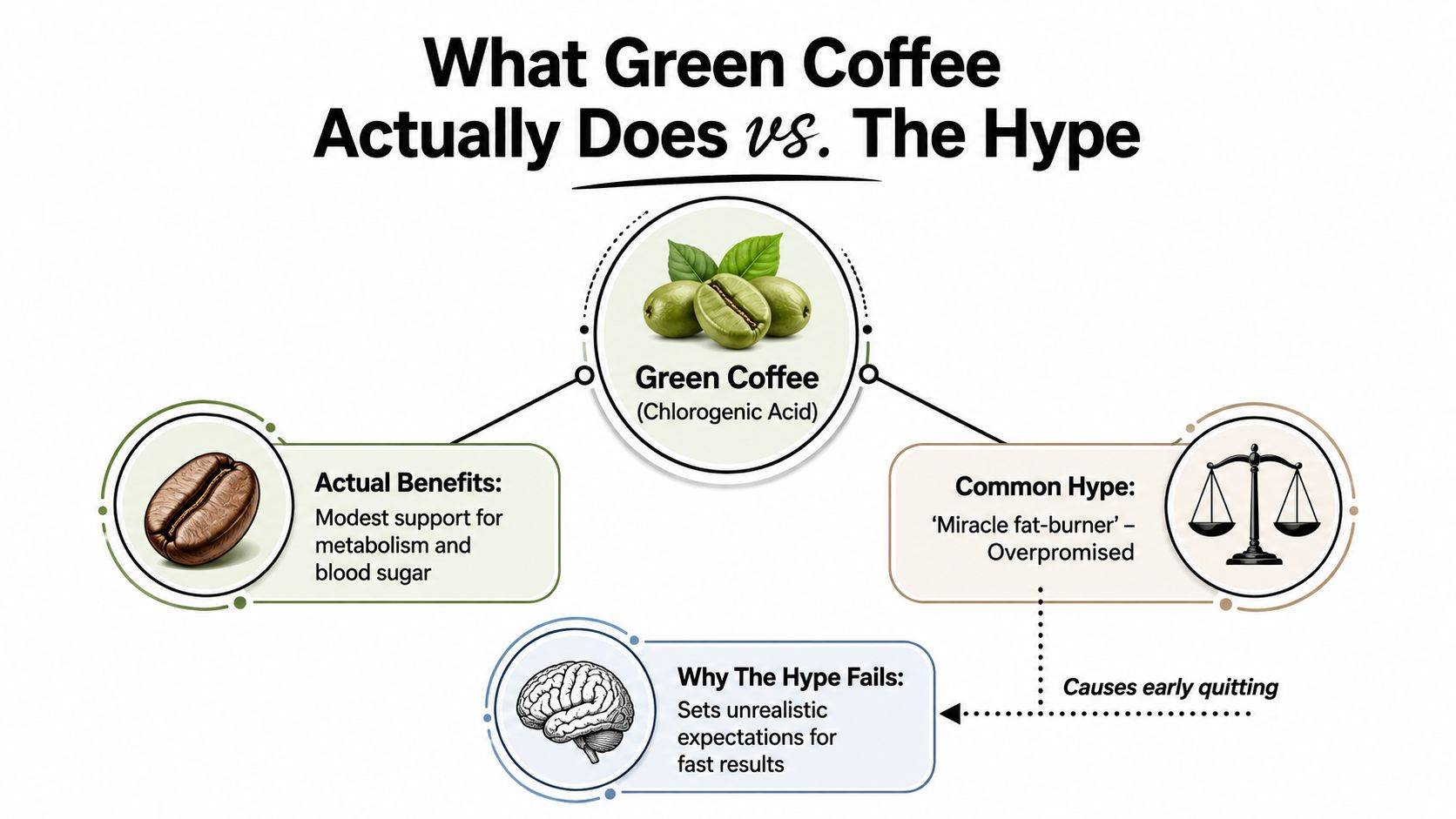 An infographic comparing the actual modest benefits of green coffee against unrealistic miracle weight loss claims.