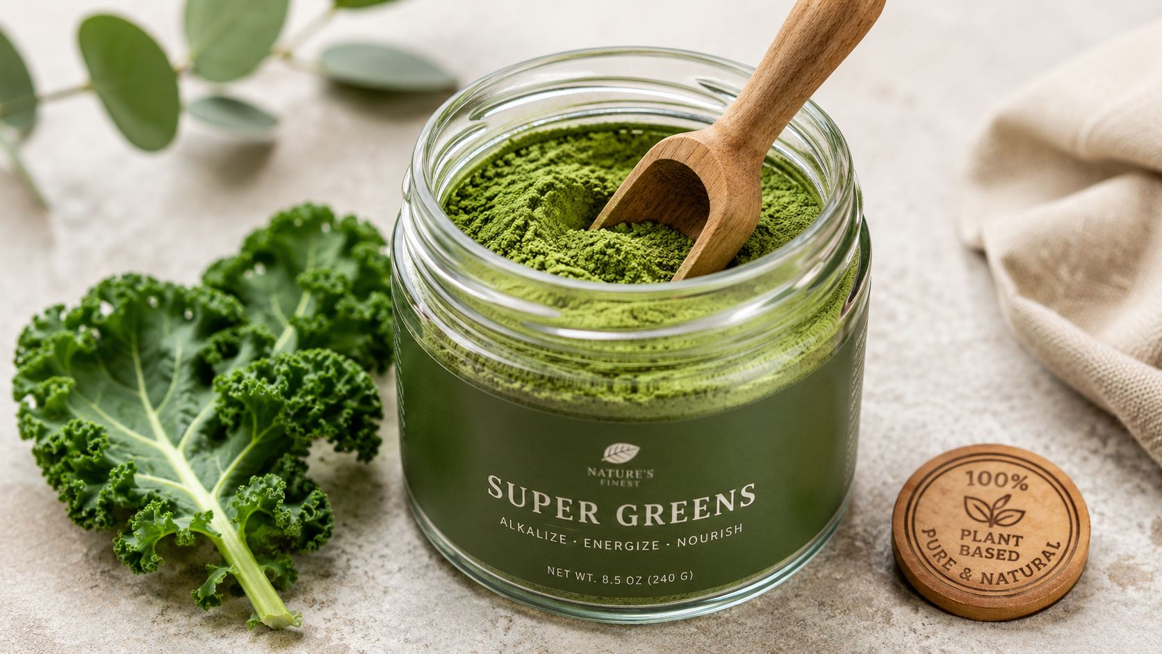 A glass jar of Nature's Finest Super Greens powder with a wooden scoop, kale leaves, and a product lid.