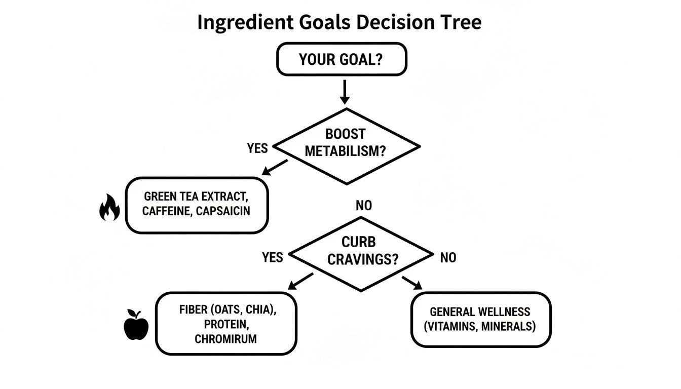 Decision tree illustrating ingredient recommendations for boosting metabolism, curbing cravings, and general wellness.