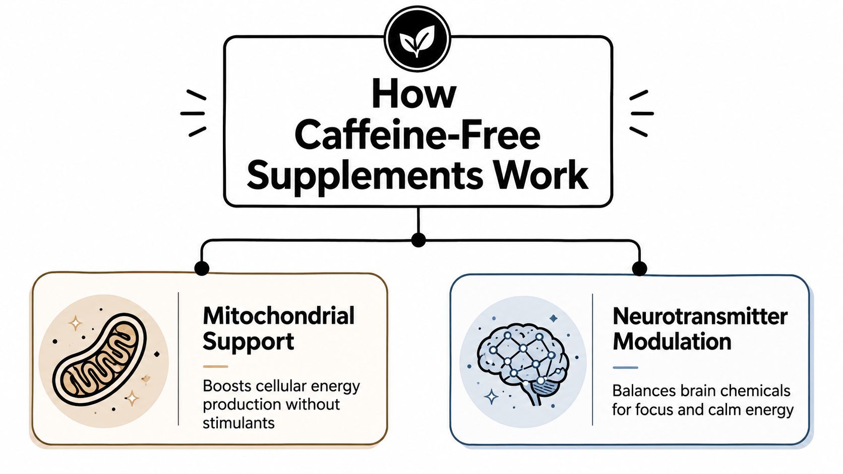 A diagram explaining how caffeine-free supplements support health through mitochondrial energy production and brain neurotransmitter modulation.