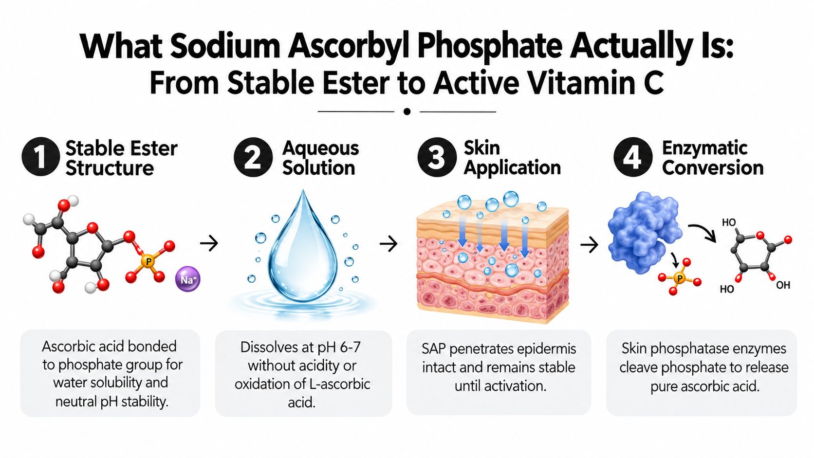 A diagram illustrating the four-step chemical conversion of sodium ascorbyl phosphate into active vitamin C in skin.