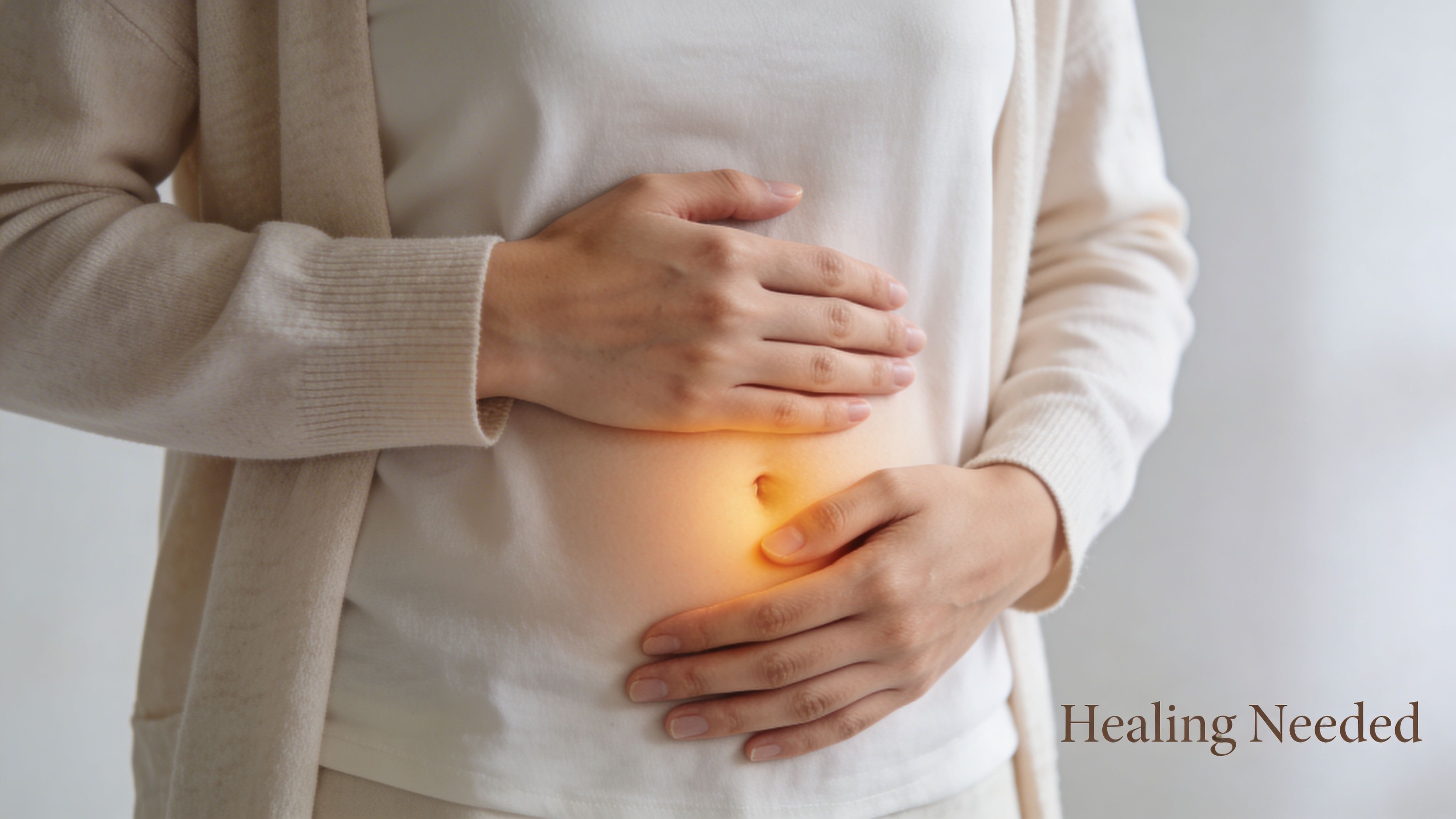 A woman holding her stomach with a glowing center indicating digestive discomfort and a need for healing.