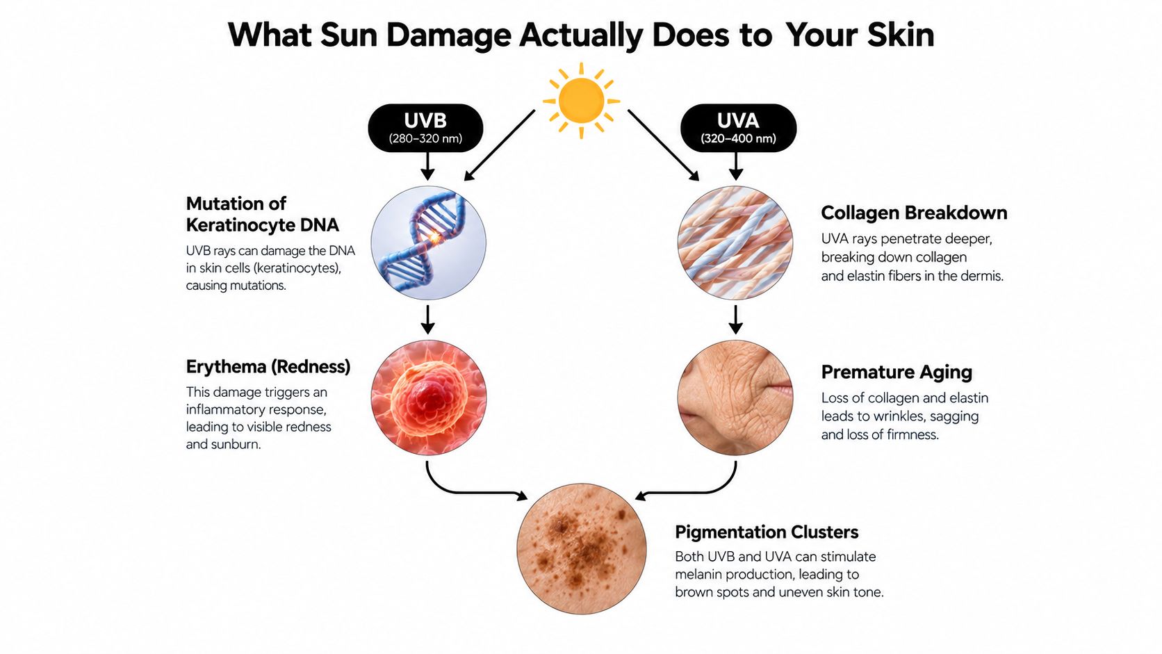 A diagram illustrating how UVA and UVB sunlight rays cause various types of skin damage and aging.