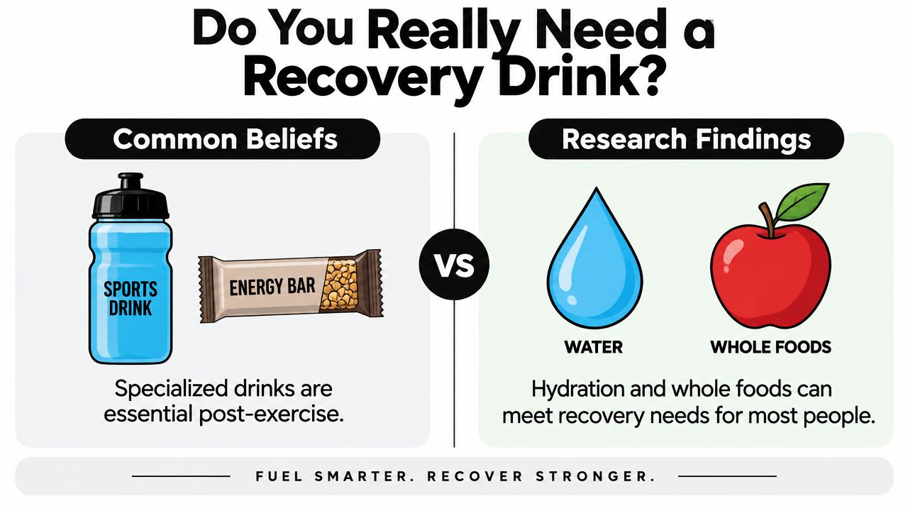 An infographic comparing common beliefs about sports drinks versus research findings supporting water and whole foods for recovery.
