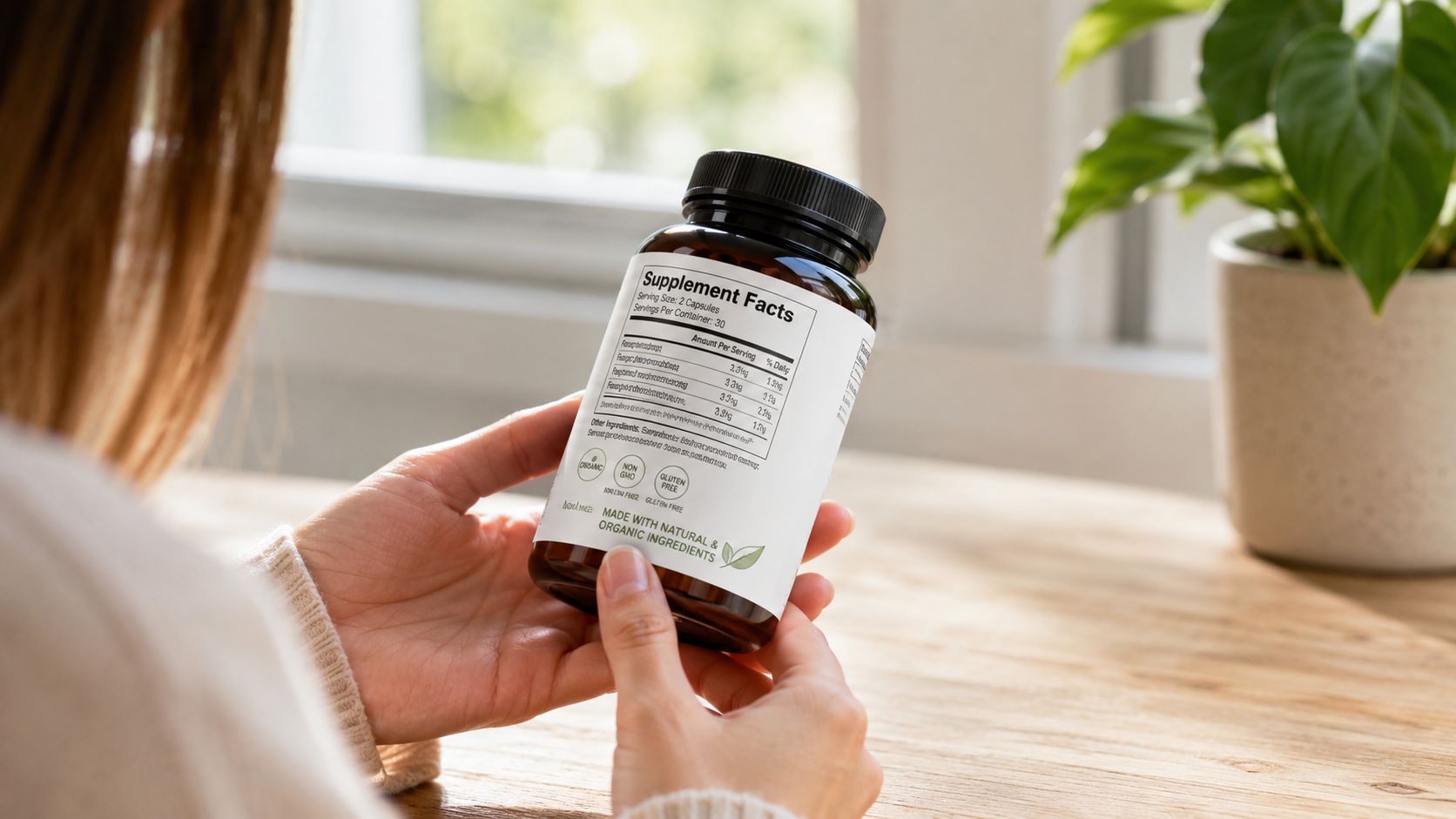 A woman holding a bottle of supplements, focusing on the label with supplement facts and organic ingredients.