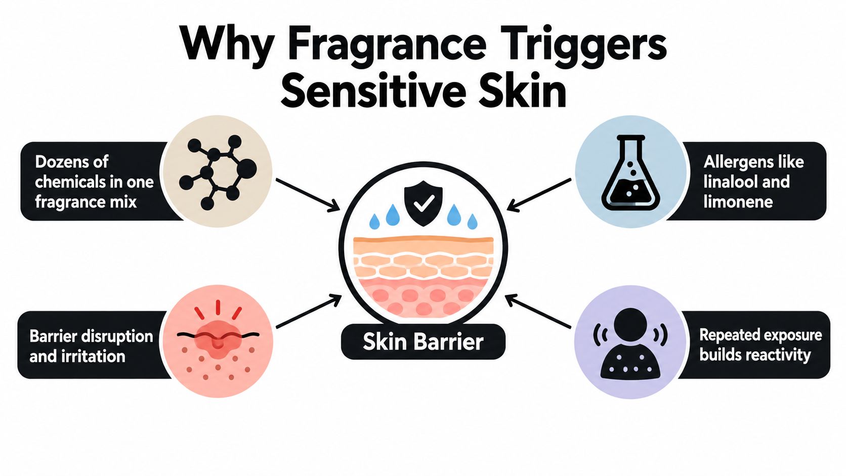 An infographic titled Why Fragrance Triggers Sensitive Skin explaining chemical ingredients, allergens, barrier disruption, and repeated exposure effects.