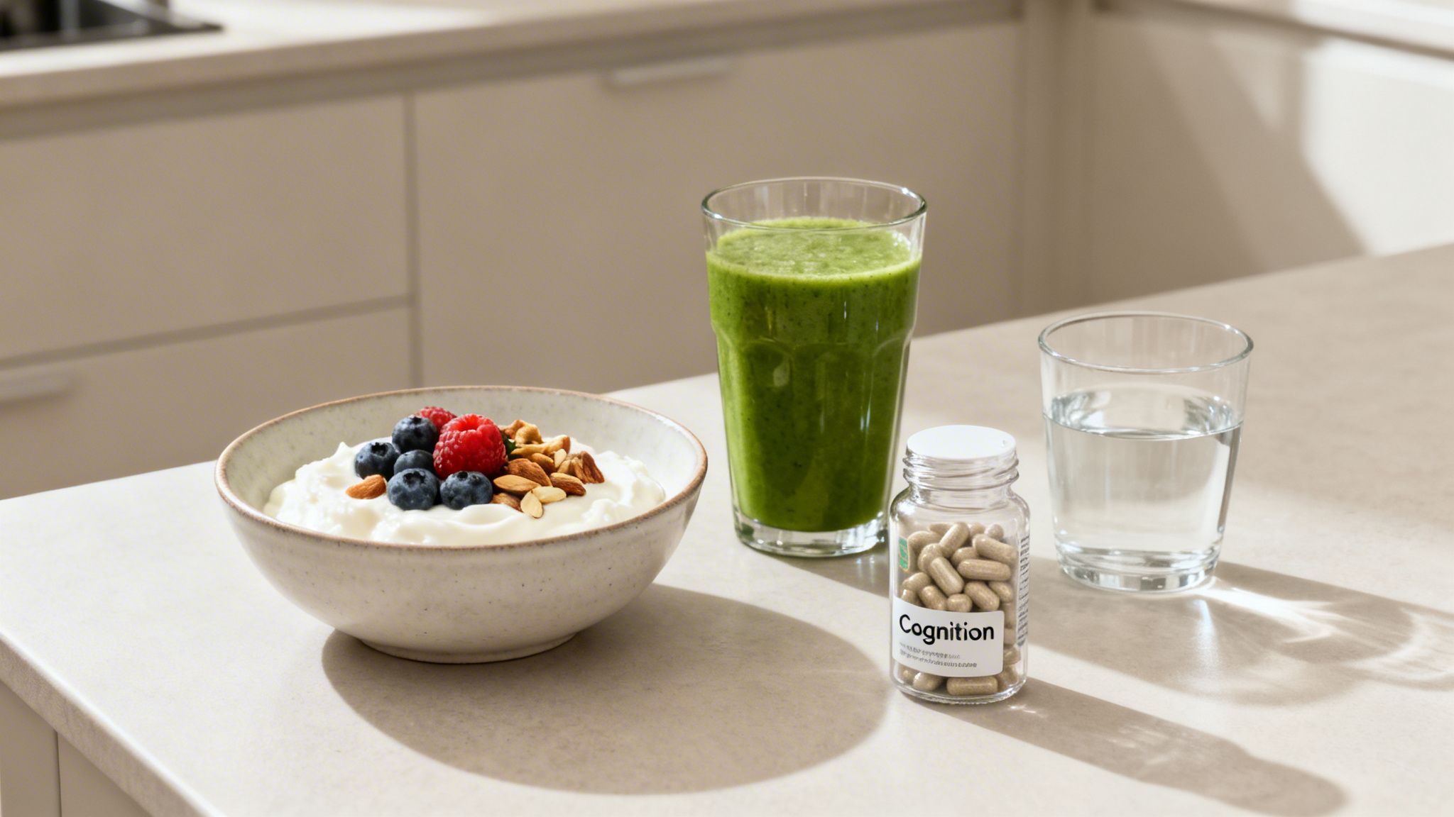 A healthy breakfast with yogurt, berries, nuts, a green smoothie, water, and 'Cognition' pills on a counter.