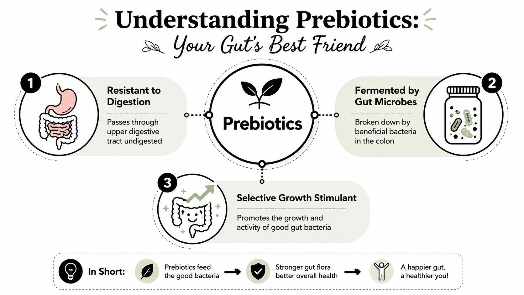 An infographic titled Understanding Prebiotics explaining how they support gut health through three main biological processes.