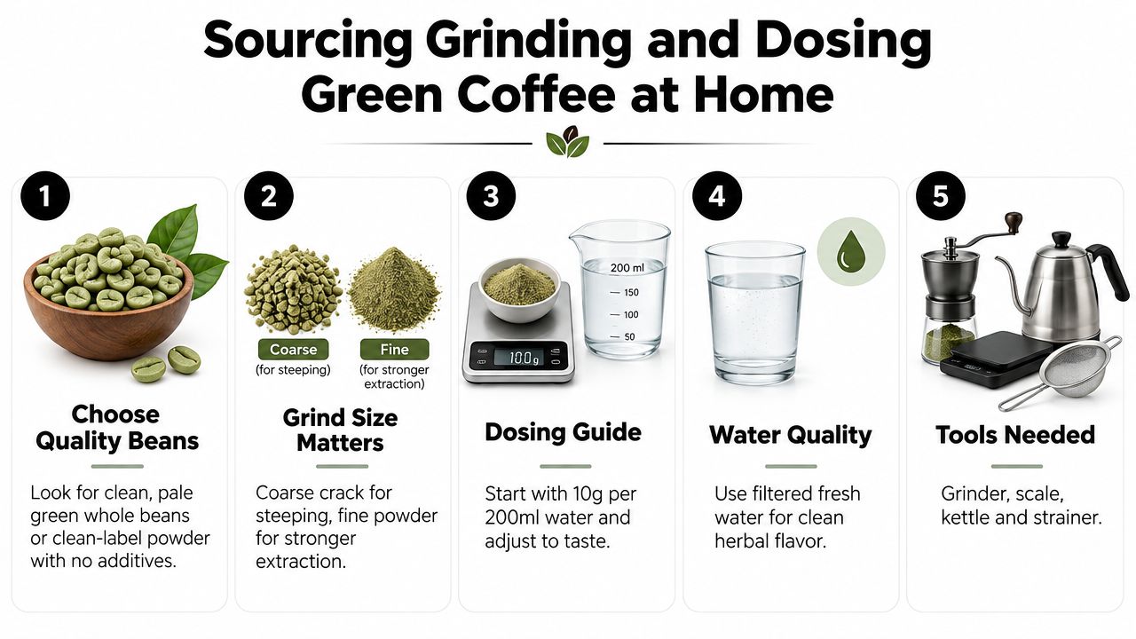 An infographic showing five steps for sourcing, grinding, and dosing green coffee beans at home.