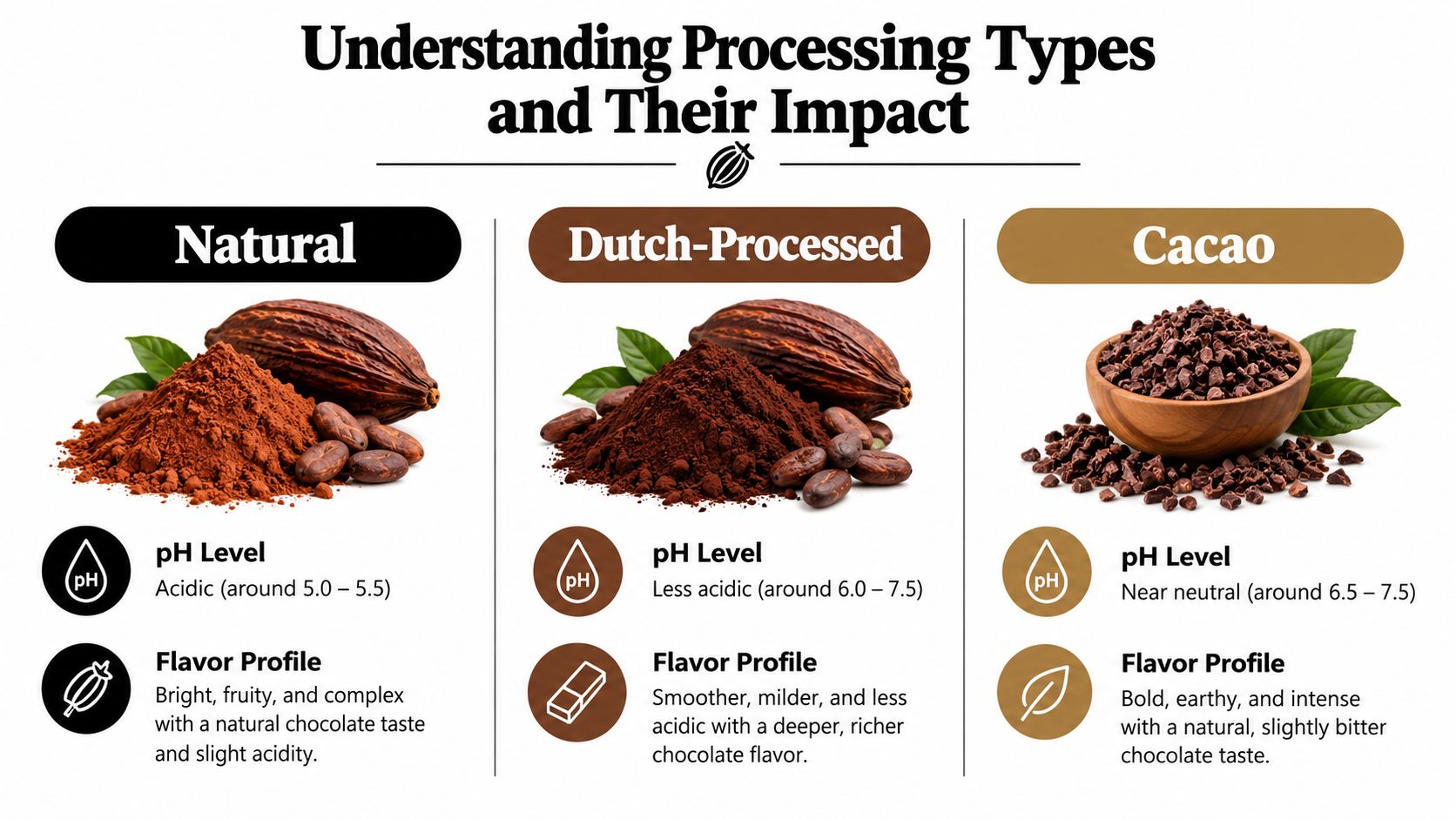 An infographic comparing the pH levels and flavor profiles of natural cocoa, Dutch-processed cocoa, and raw cacao.