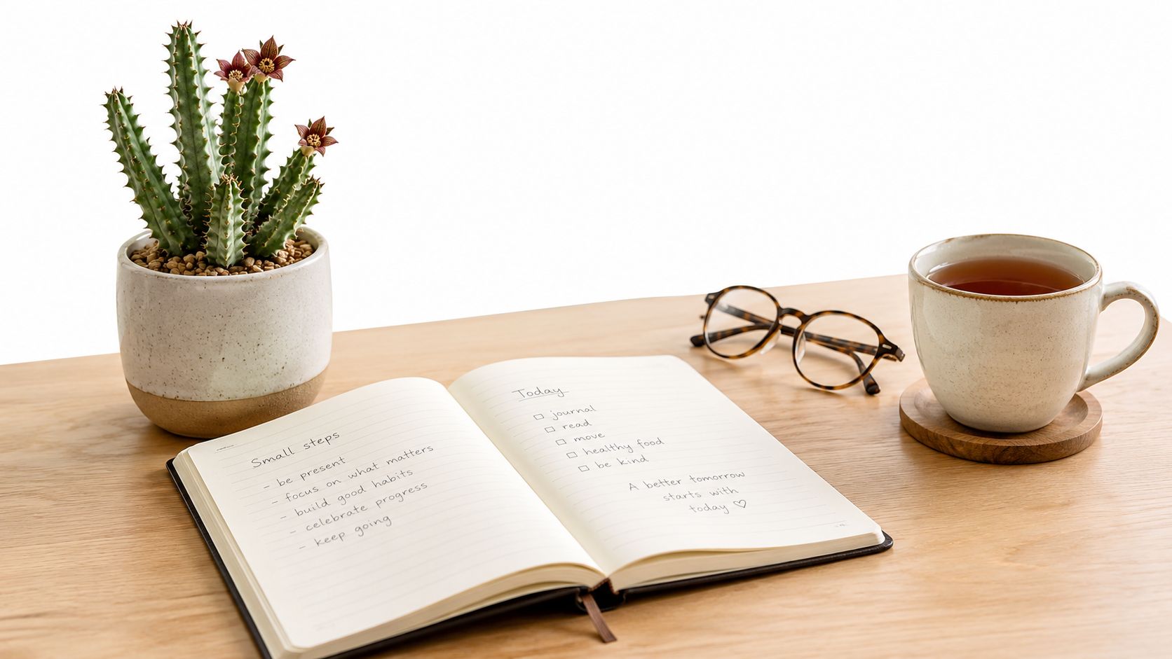 An open notebook with handwritten notes on a wooden table beside a cactus and tea.