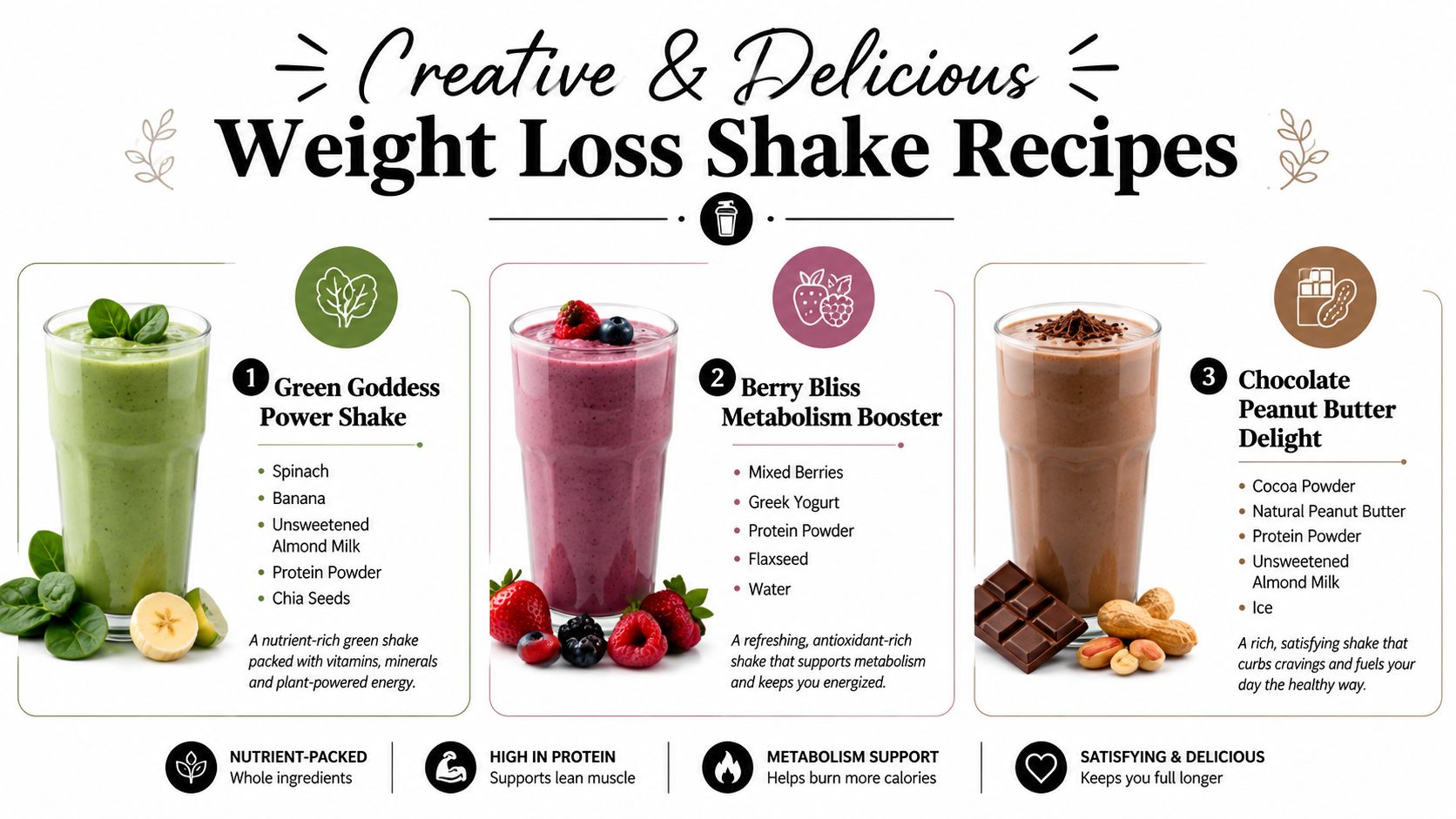 Three delicious weight loss shake recipes including Green Goddess, Berry Bliss, and Chocolate Peanut Butter Delight.