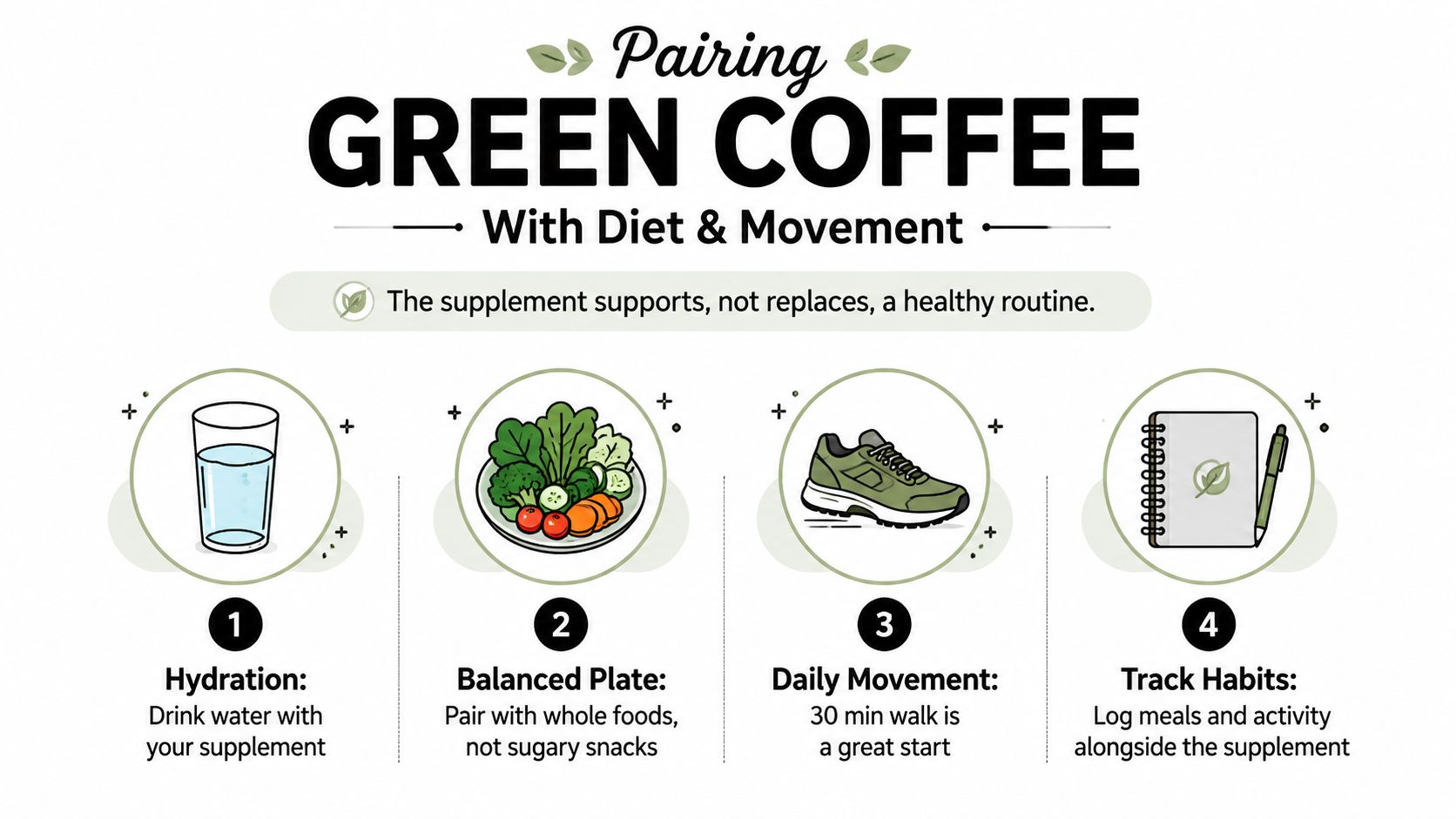 An infographic showing four steps to combine green coffee supplements with healthy hydration, balanced diet, exercise, and tracking.
