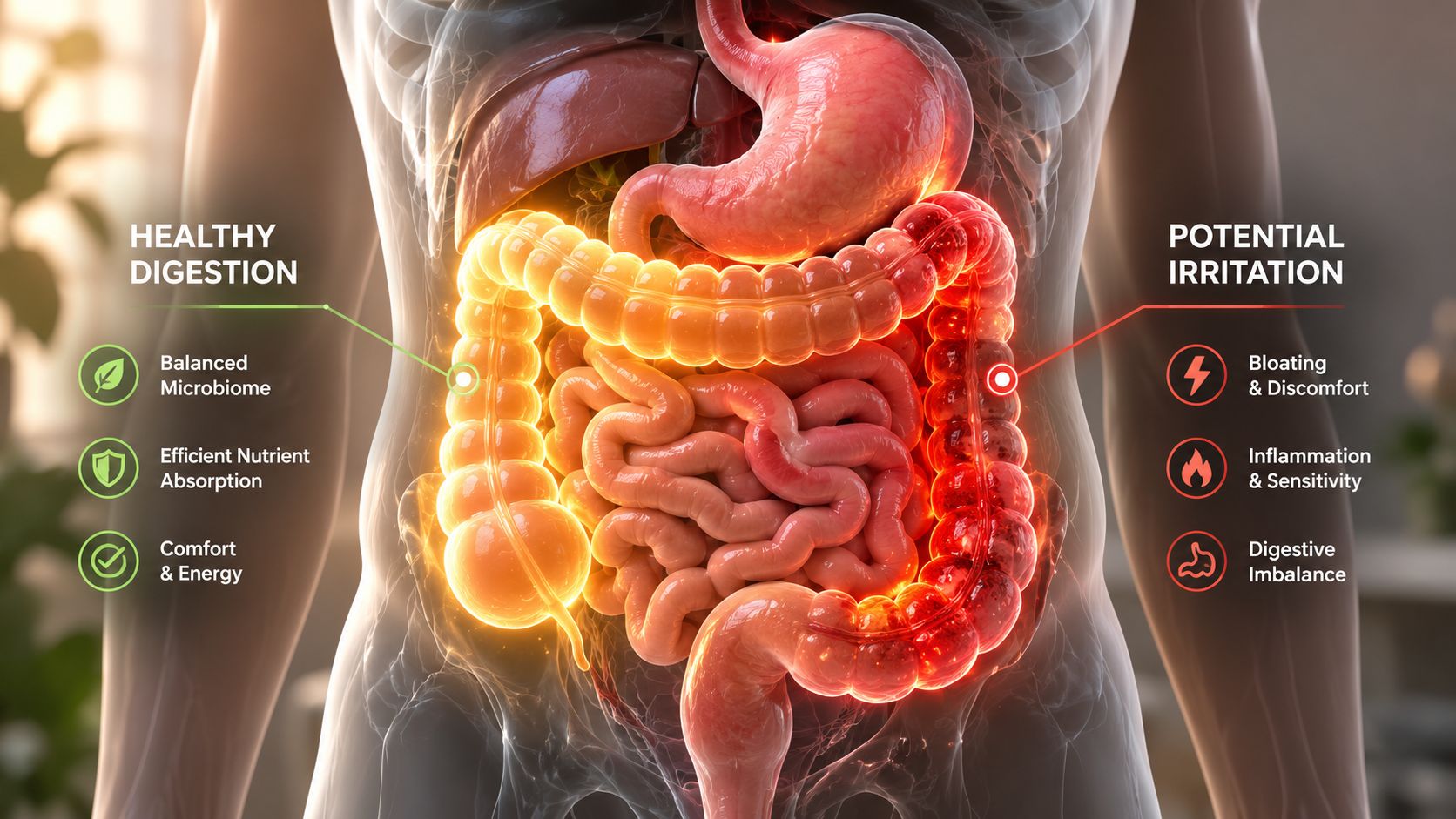 A diagram comparing healthy digestion and potential digestive irritation with an anatomical illustration of the human gut.