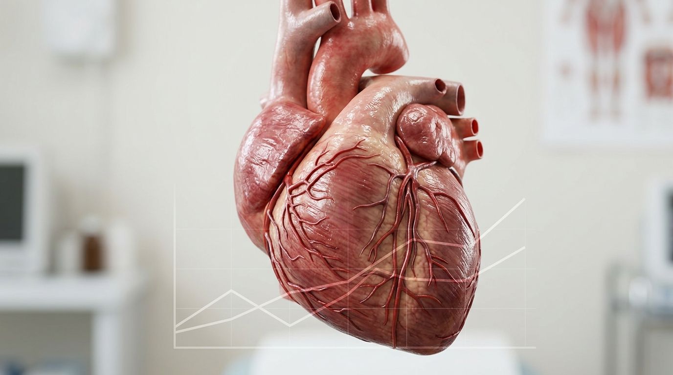 A detailed 3D model of a human heart with overlaying clinical data charts in a hospital setting.