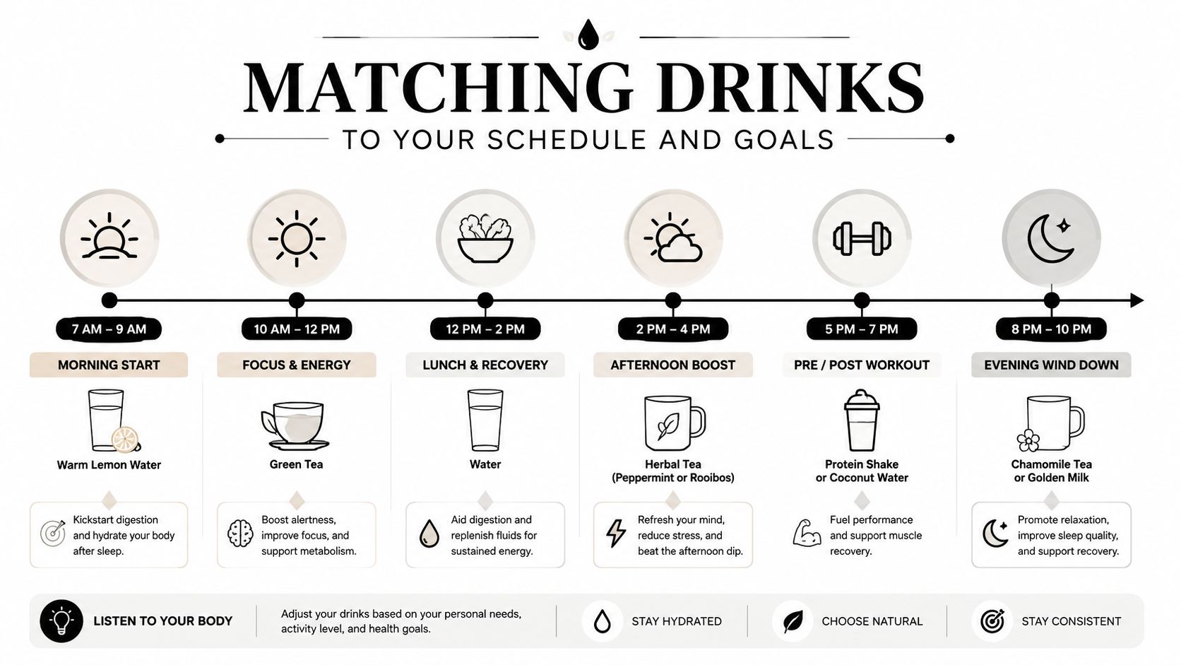 An infographic showing a daily schedule for choosing drinks based on time of day and health goals.