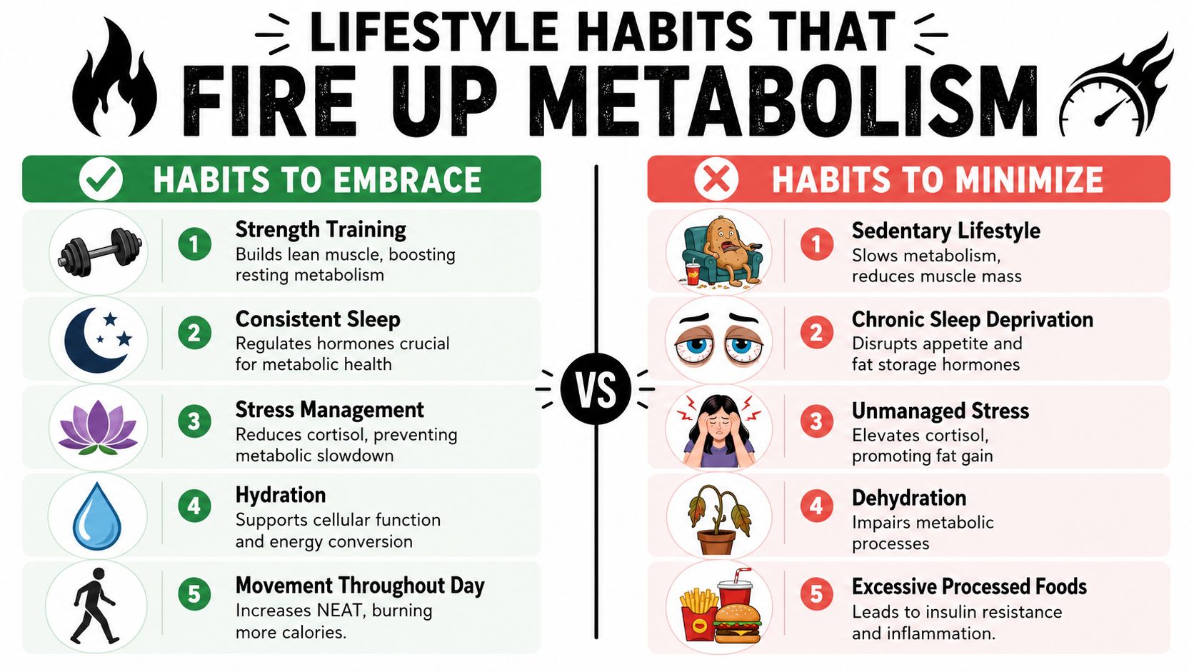 A comparison chart showing five healthy habits to embrace versus five habits to minimize for a faster metabolism.