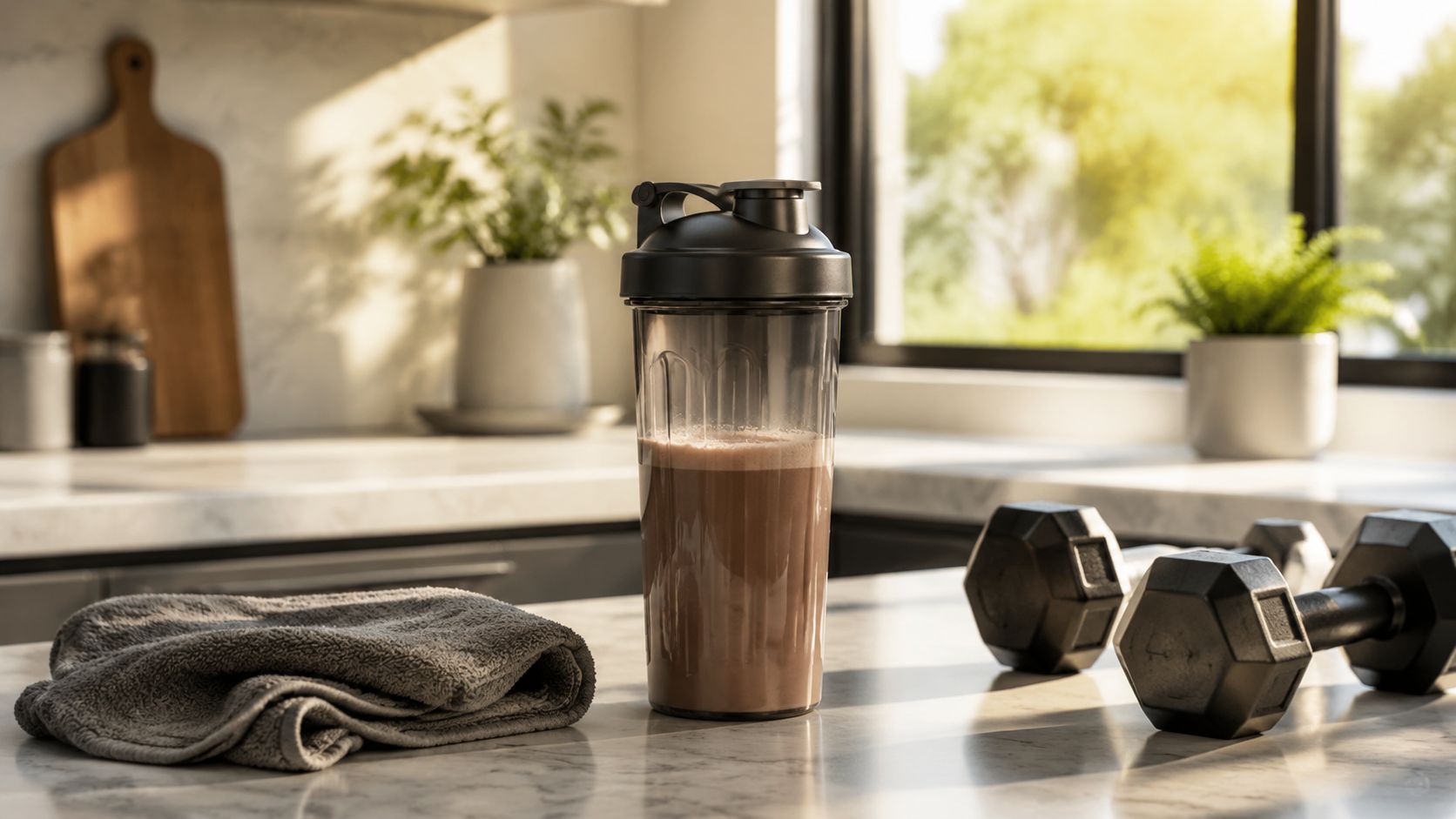 A protein shake bottle next to a gym towel and dumbbells on a kitchen counter at home.