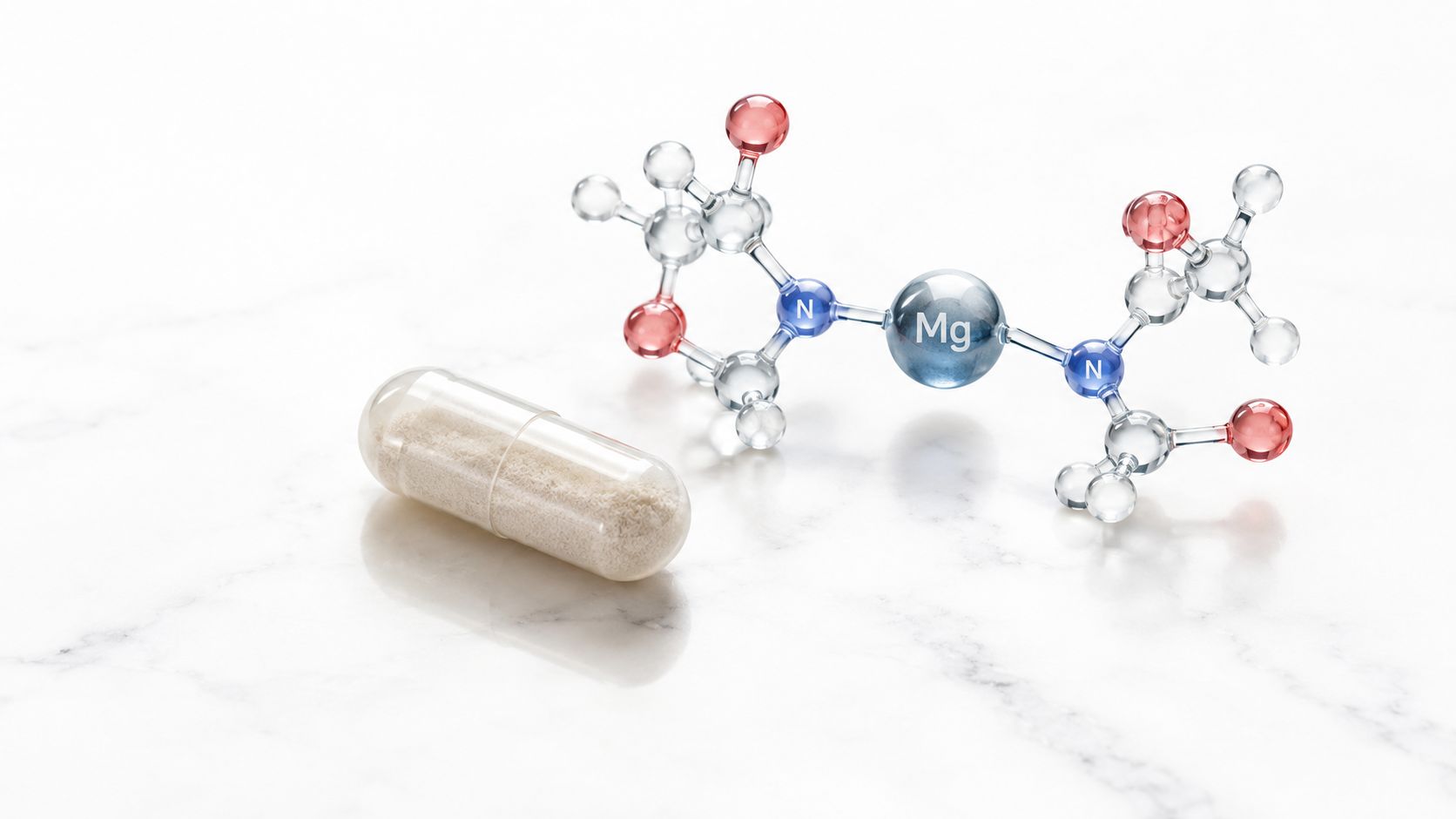 A magnesium glycinate molecule model next to a single white pharmaceutical capsule on a white marble surface.