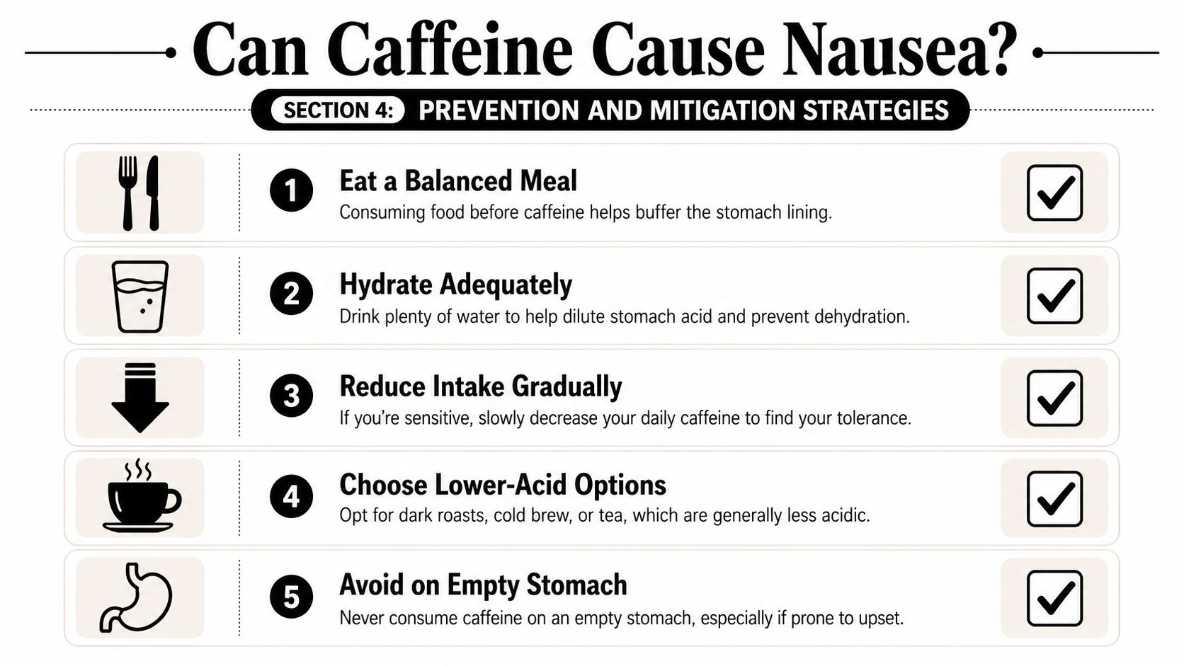 An infographic titled Can Caffeine Cause Nausea detailing five prevention and mitigation strategies for caffeine-related stomach discomfort.