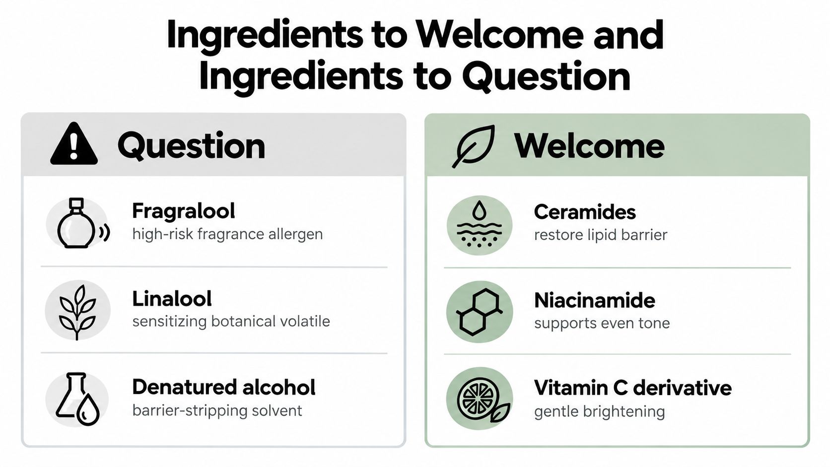 A comparison chart of skincare ingredients categorizing them as questionable allergens or beneficial skin barrier supporters.