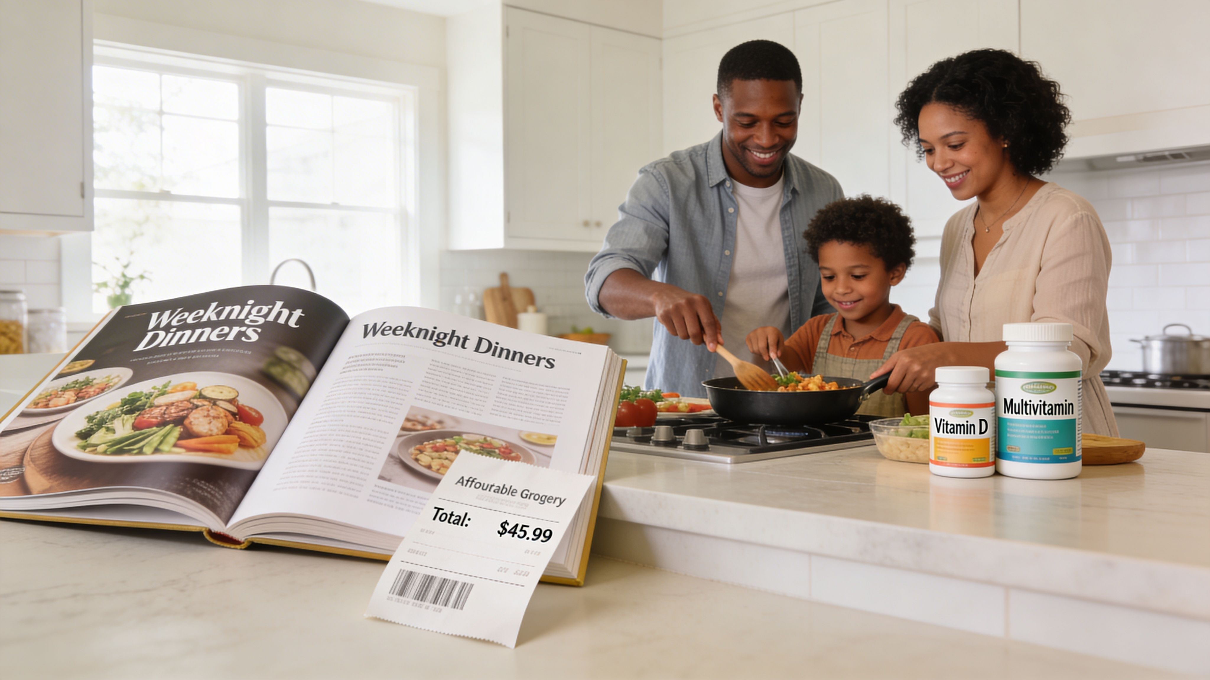 A happy family cooking together in a kitchen with a cookbook and vitamin supplements on the counter.