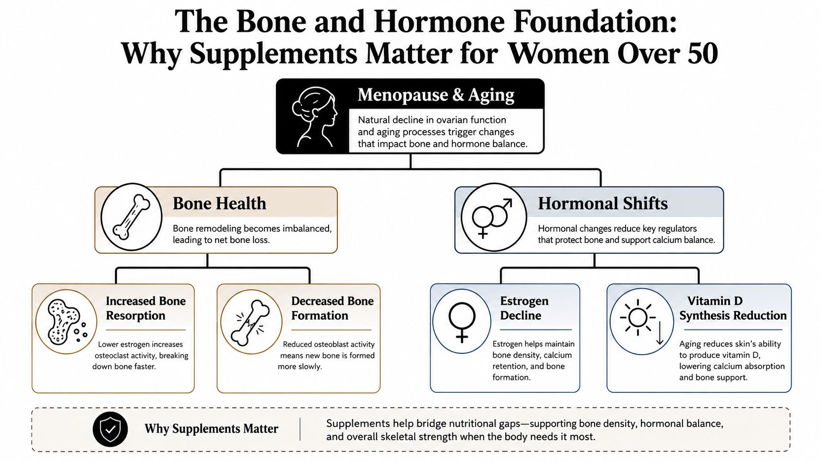 A flowchart explaining why supplements are important for bone health and hormonal balance in women over 50.