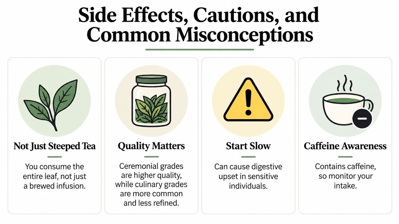 An infographic detailing side effects, cautions, and misconceptions about consuming matcha green tea powder.