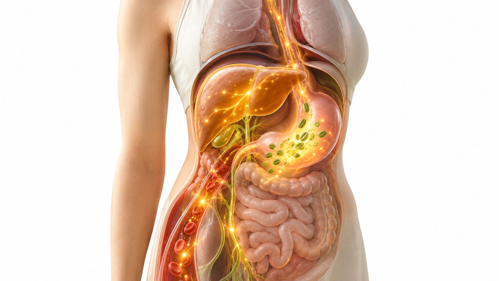 Anatomical illustration showing the digestive system with highlighted metabolism of green coffee extract within the human body.