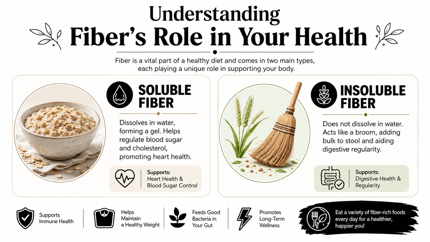 An infographic detailing the health benefits of soluble and insoluble fiber for digestion, heart health, and wellness.