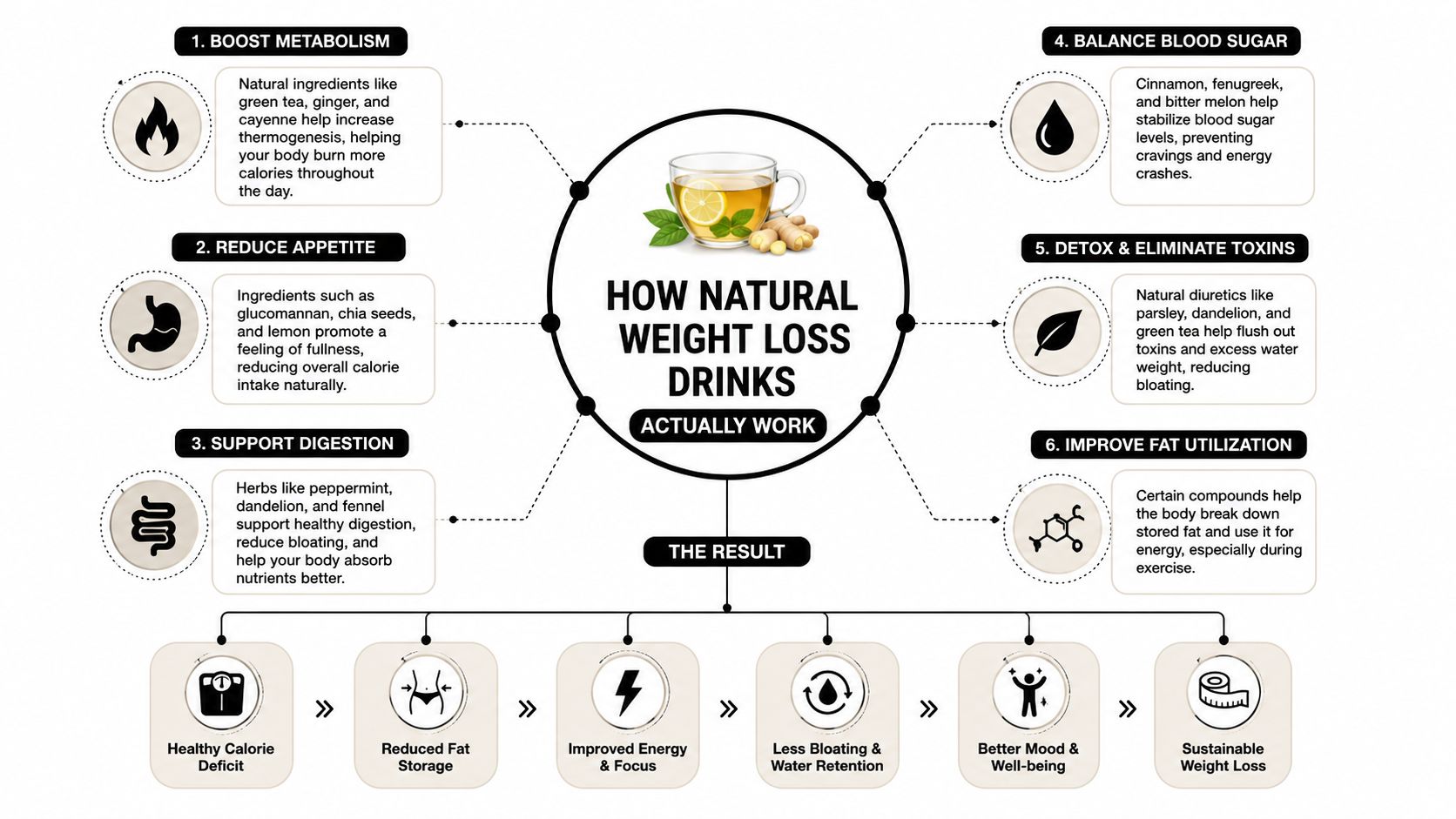A diagram explaining how natural weight loss drinks work by boosting metabolism, reducing appetite, and supporting digestion.