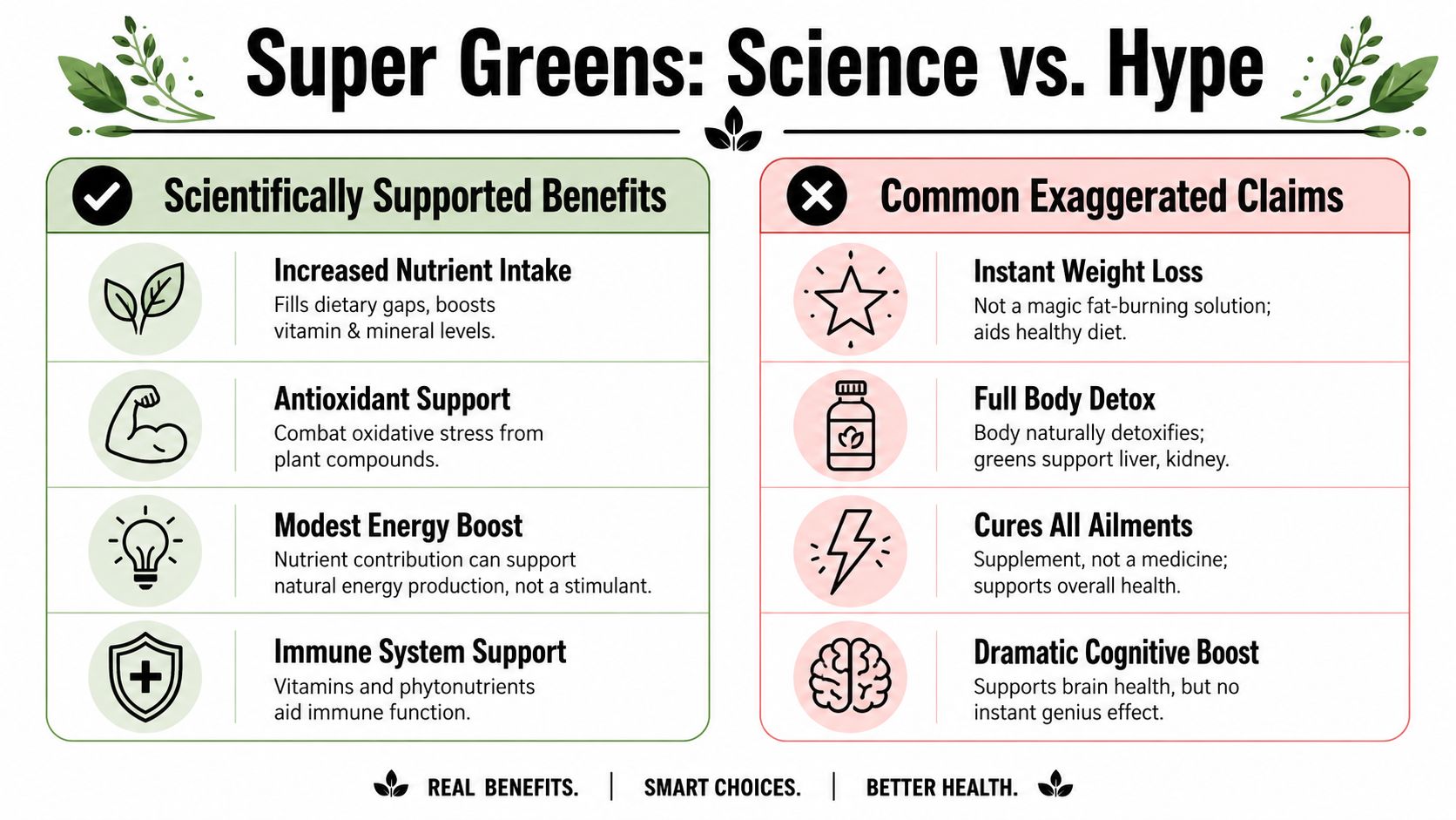 An infographic comparing scientifically supported health benefits of super greens against common exaggerated marketing claims.