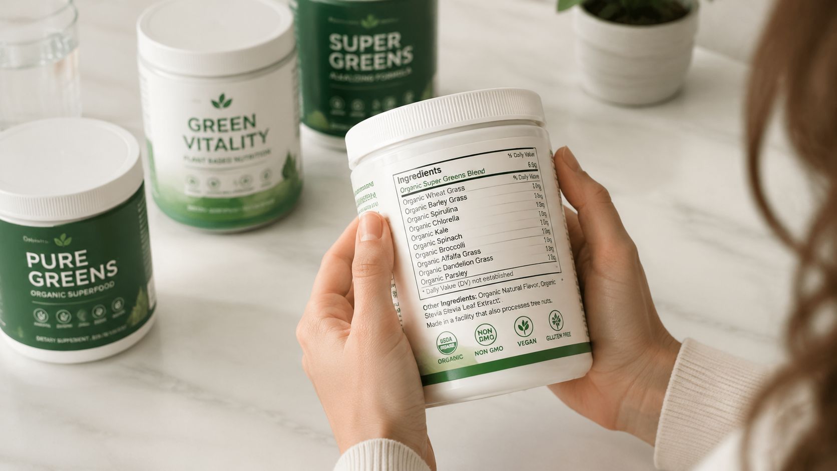 A person holds a container of organic super greens powder to read the ingredient label and nutrition facts.