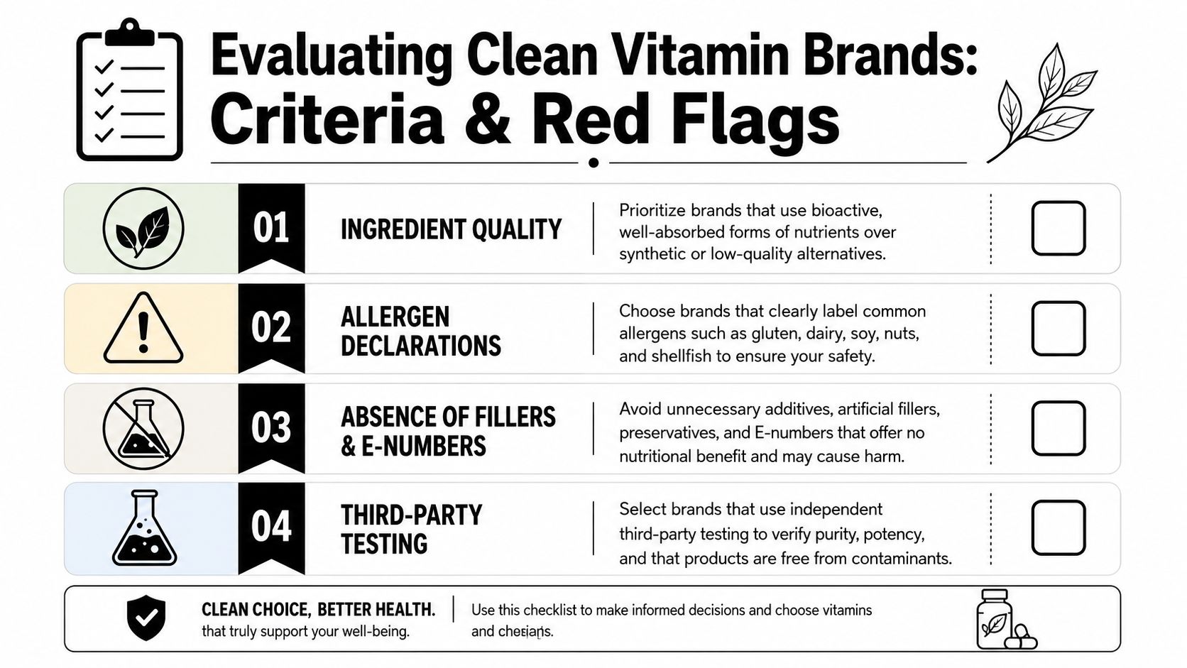 A checklist infographic titled Evaluating Clean Vitamin Brands showing four criteria for selecting high-quality nutritional supplements.