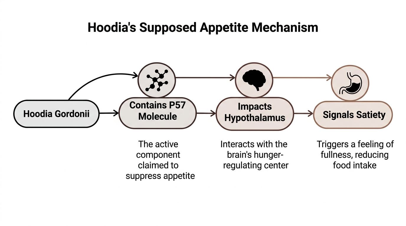 A diagram illustrating the theoretical mechanism of Hoodia Gordonii plant in suppressing human appetite via the P57 molecule.