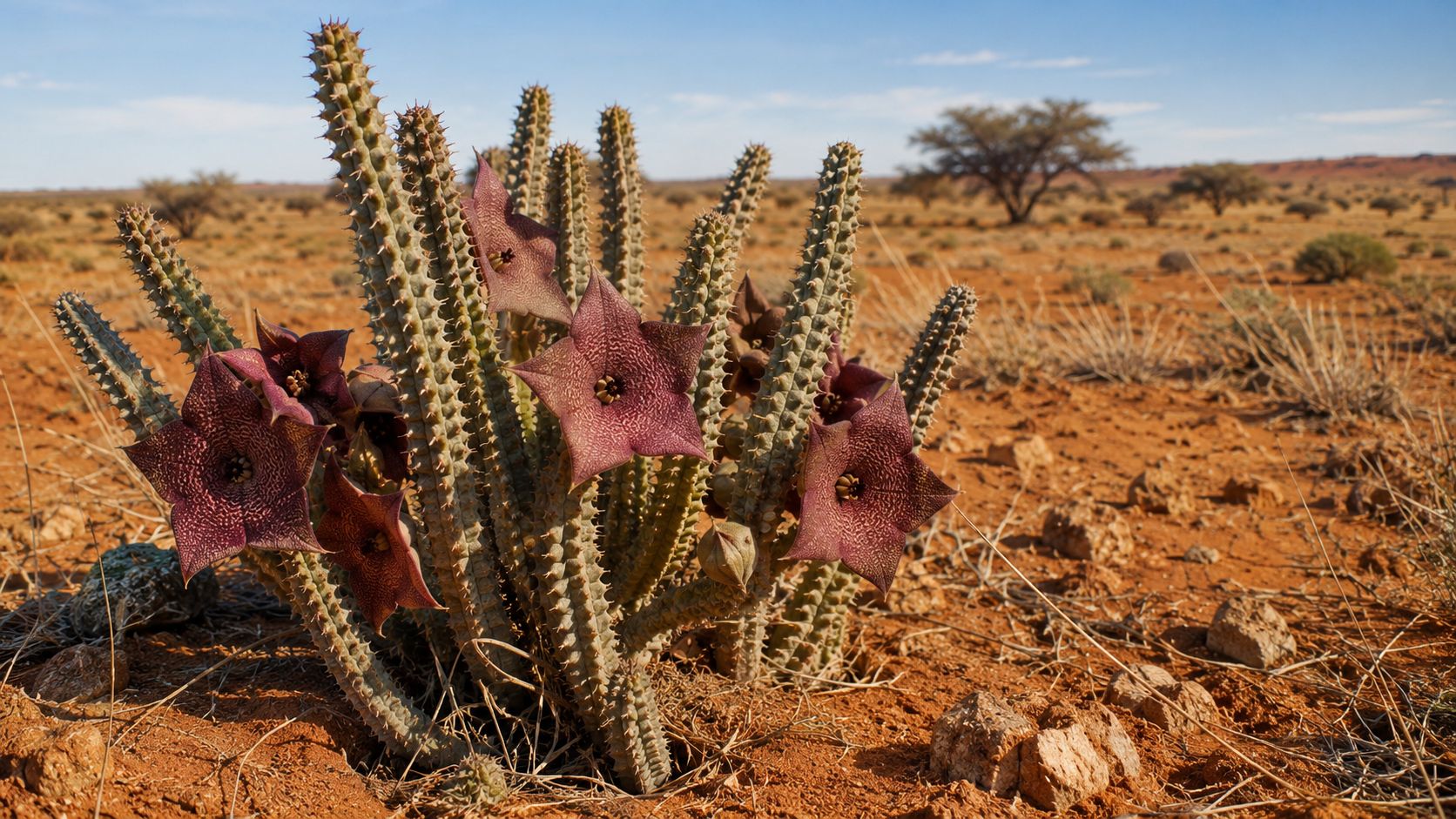 A blooming Hoodia gordonii plant with star-shaped purple flowers growing in a sunny arid desert landscape.