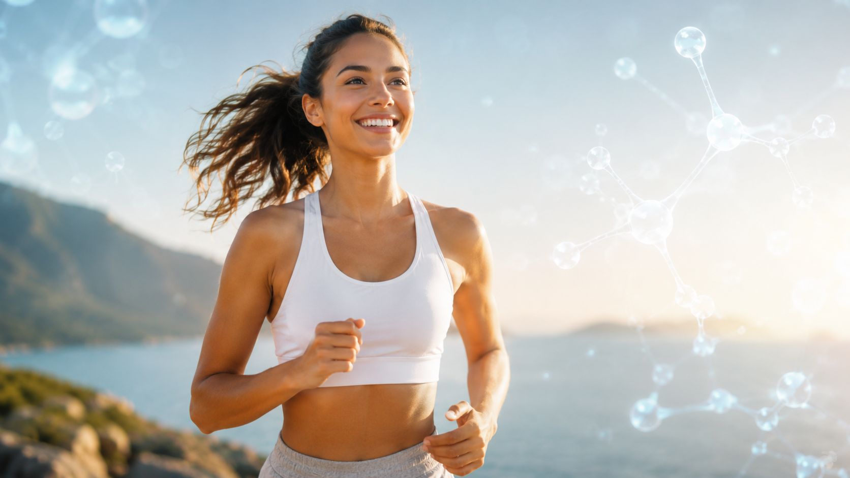 A fit, smiling young woman jogging near the ocean with a digital molecular structure overlaying the scene.