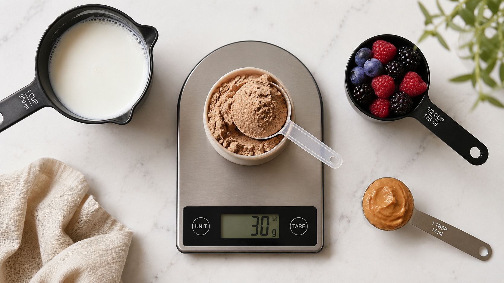 A protein powder scoop, milk, berries, and peanut butter arranged on a kitchen counter near a digital scale.