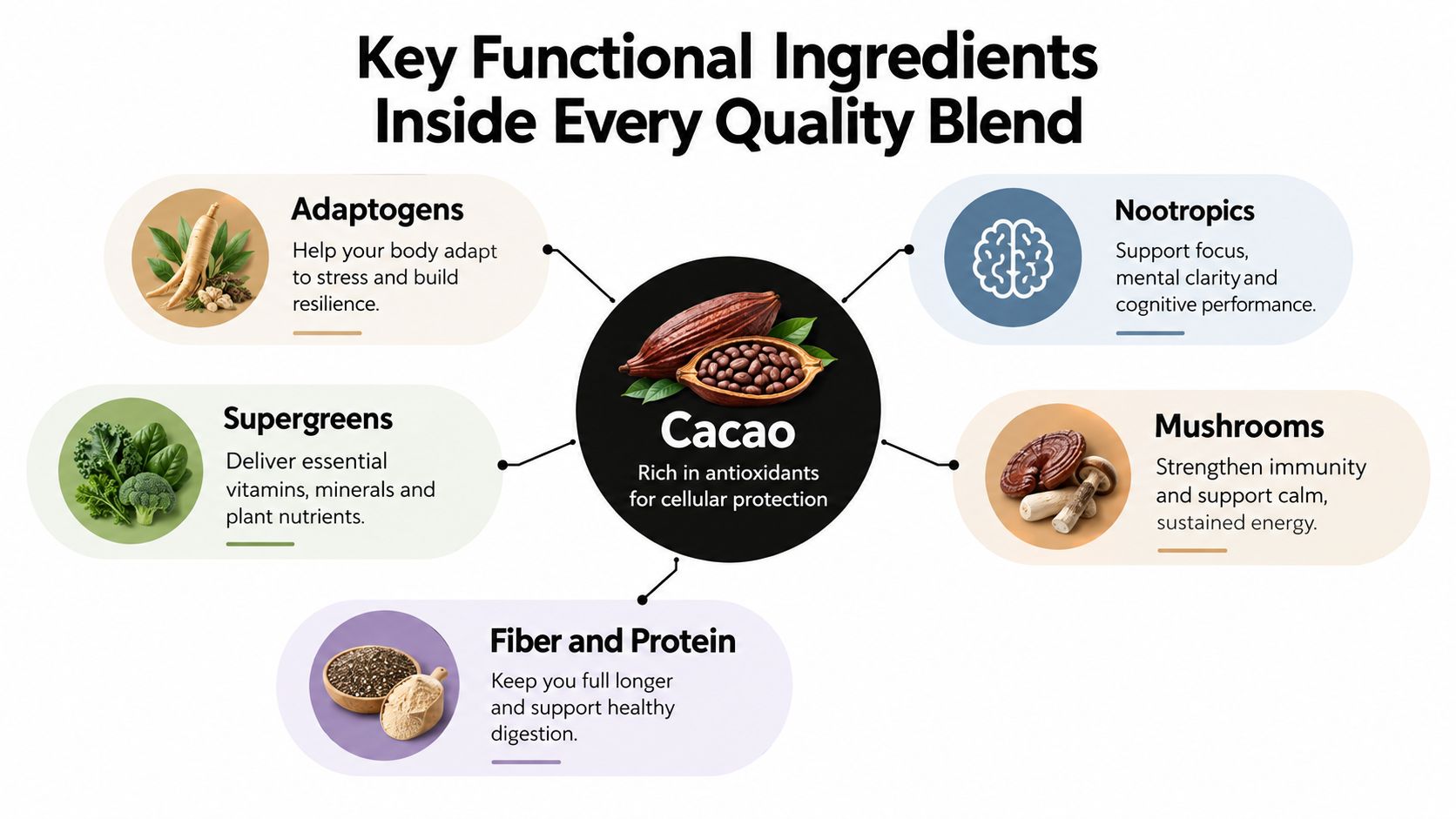 A diagram showing cacao as the central ingredient surrounded by health-promoting adaptogens, supergreens, mushrooms, fiber, and protein.