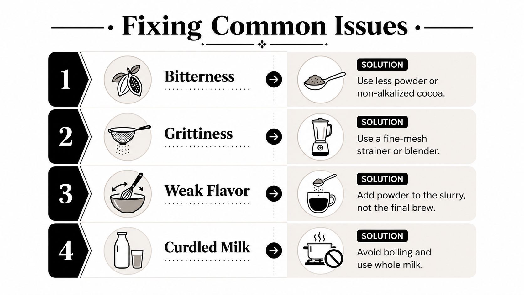A helpful infographic titled Fixing Common Issues, listing four solutions for making cacao powder in coffee.