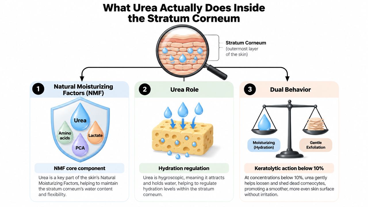 An infographic explaining the role of urea in skin care, including hydration and gentle exfoliation processes.