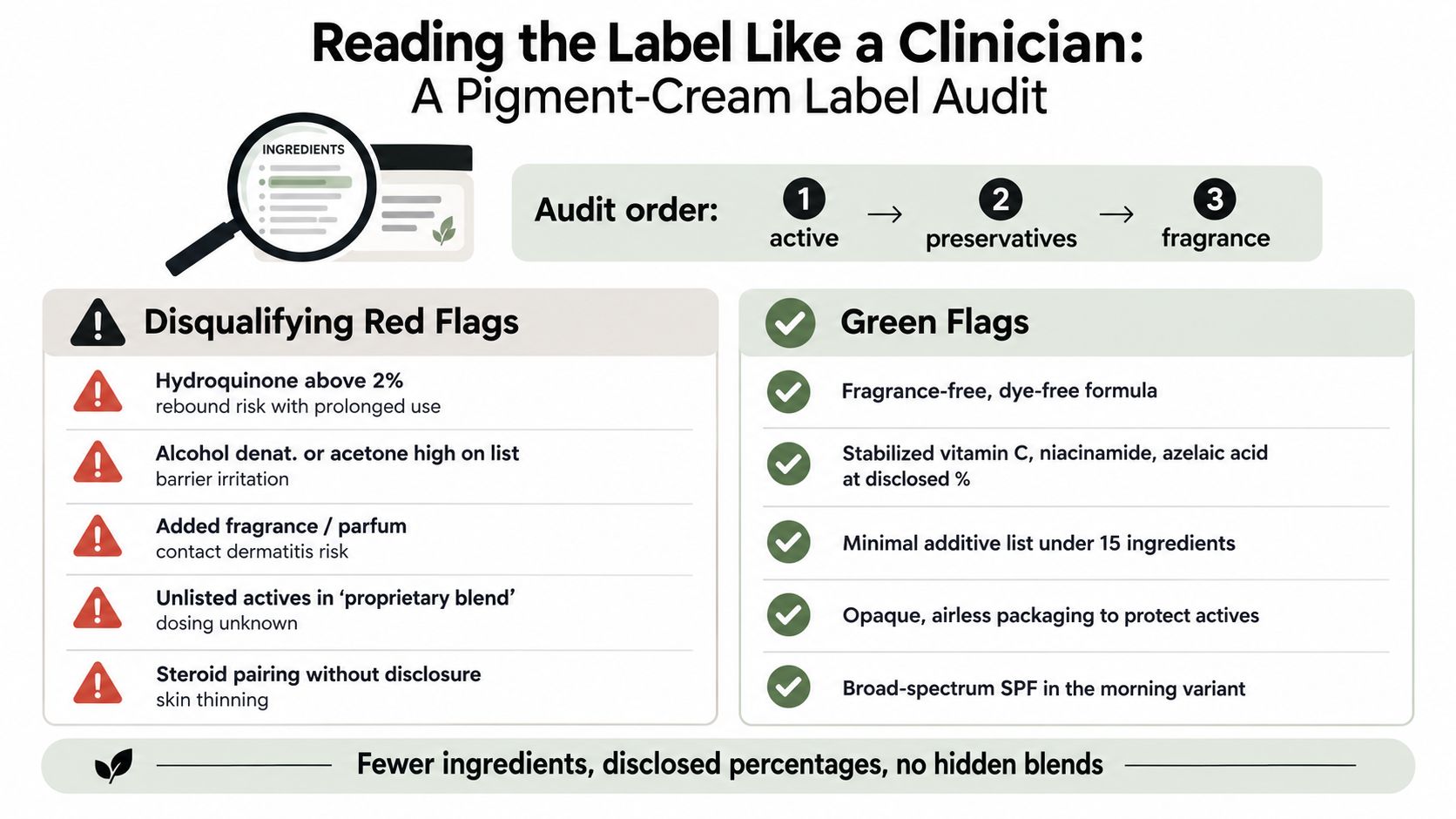 An infographic titled Reading the Label Like a Clinician, detailing red and green flags for pigment-cream ingredients.