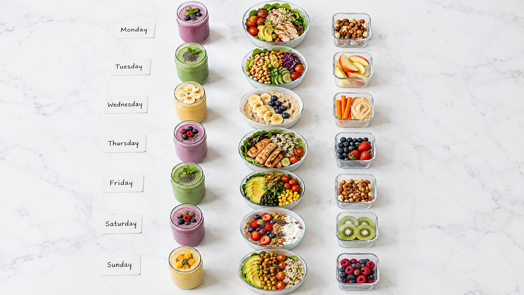 A weekly meal plan organized by day, featuring smoothies, salad bowls, and various snack containers on marble.