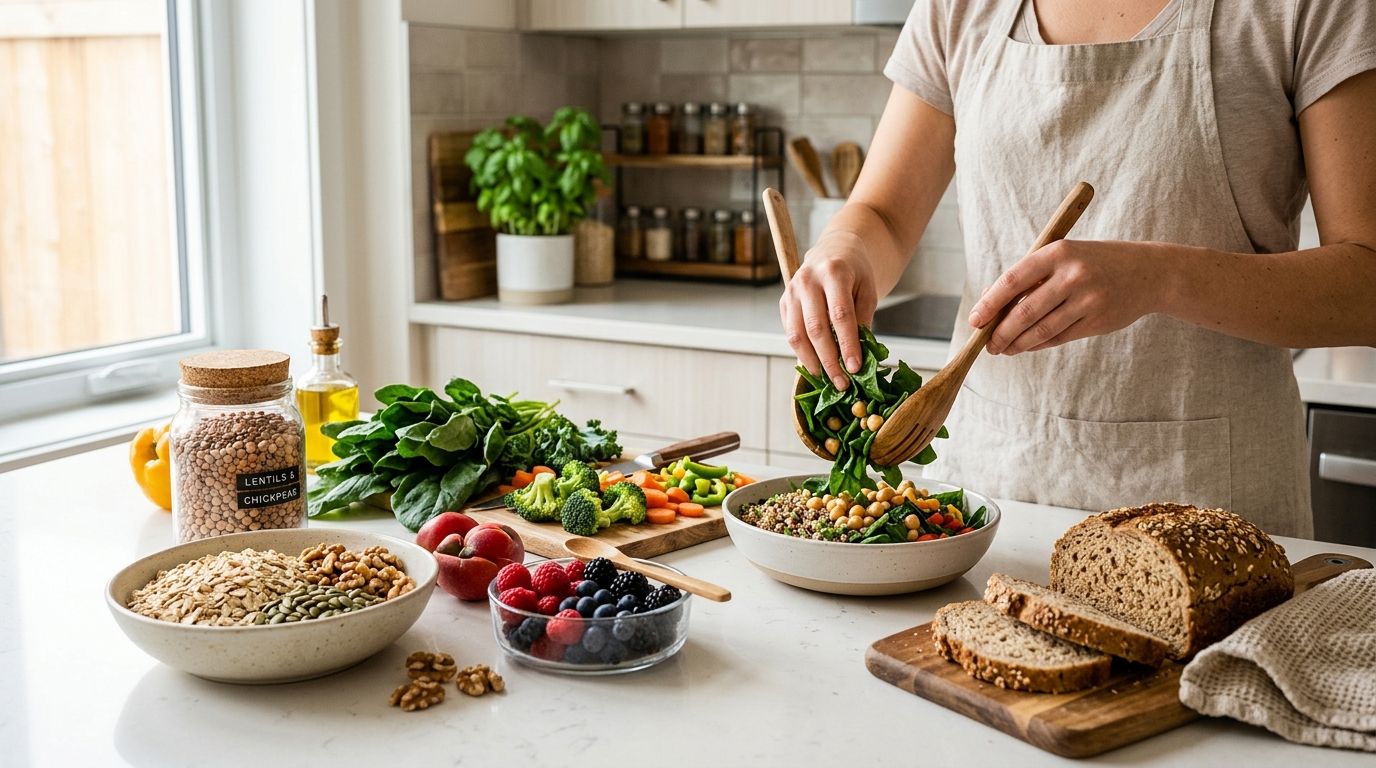 A person preparing a healthy salad with fresh vegetables, grains, berries, and nuts in a bright kitchen.