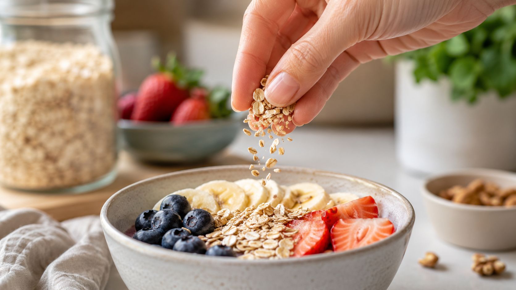 A hand sprinkling raw rolled oats over a breakfast bowl filled with fresh strawberries, blueberries, and bananas.