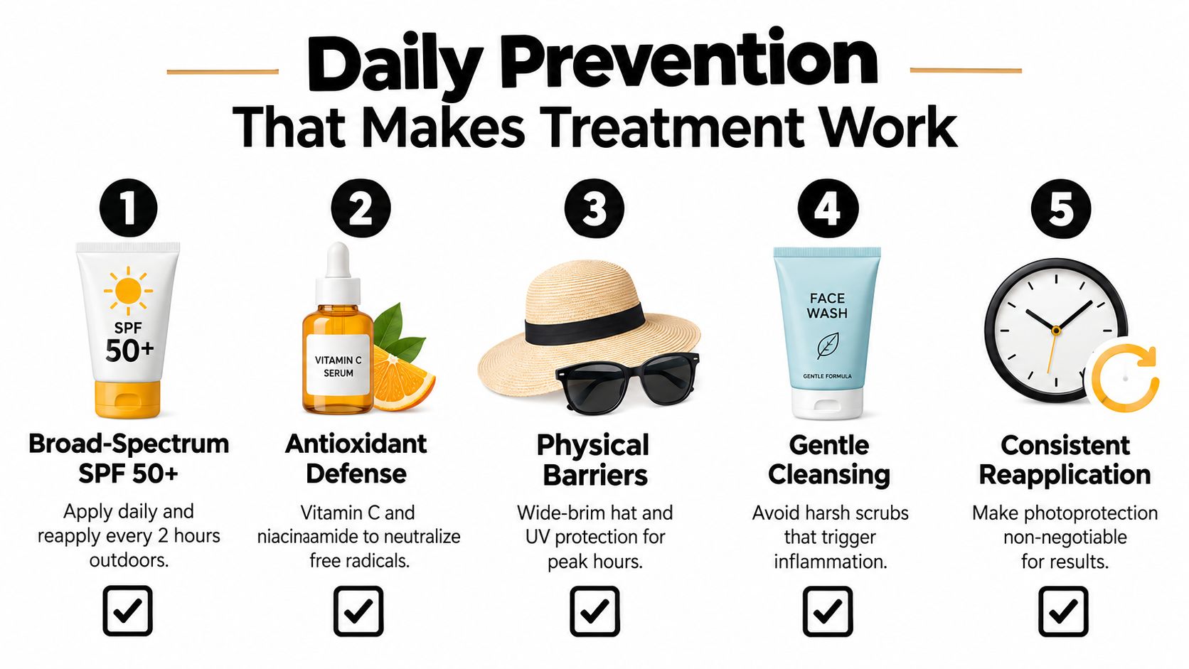 A step-by-step guide illustrating five daily habits for preventing and managing facial hyperpigmentation effectively.