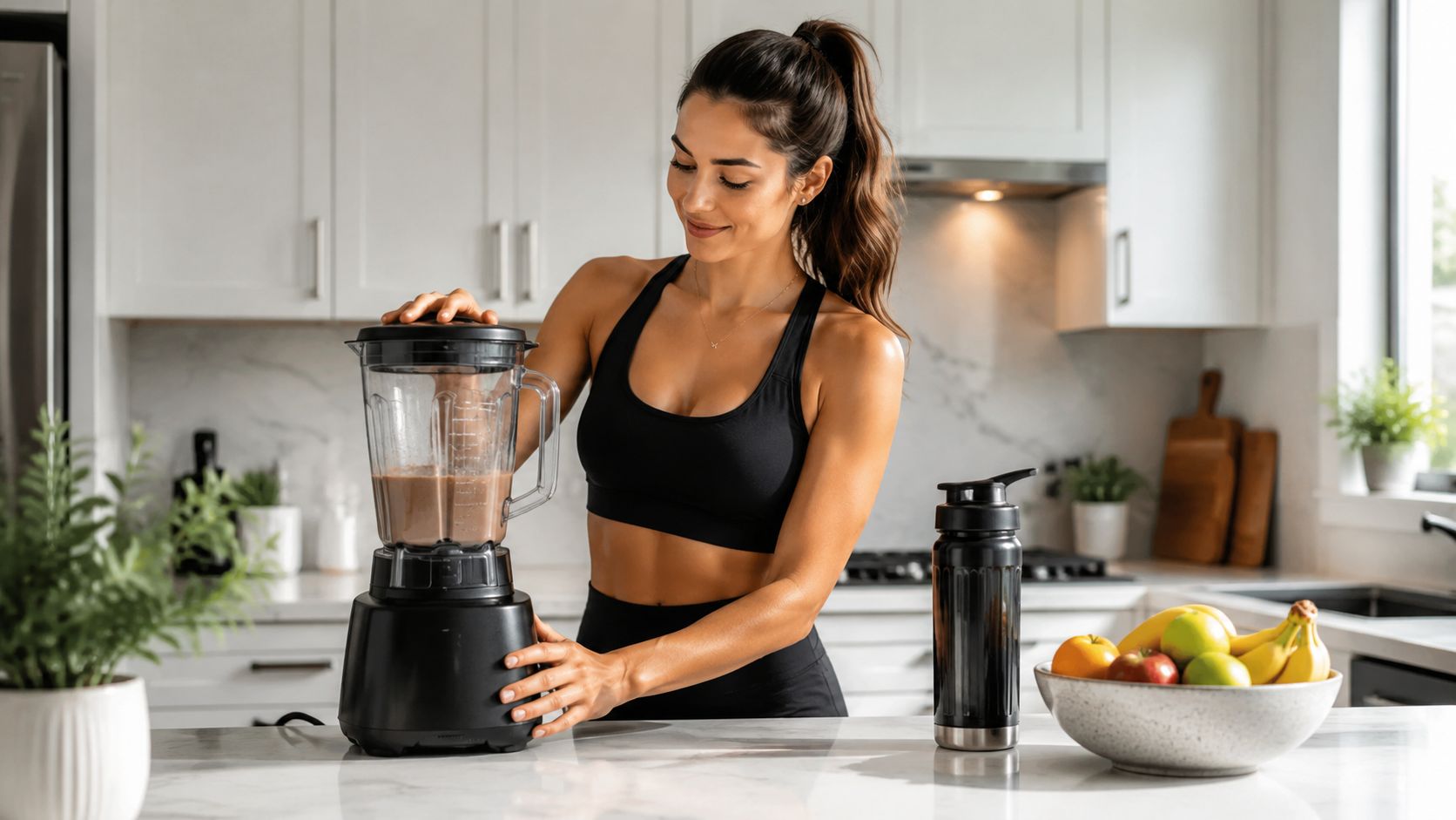 A fit woman preparing a healthy smoothie in a modern kitchen while wearing athletic workout clothes.