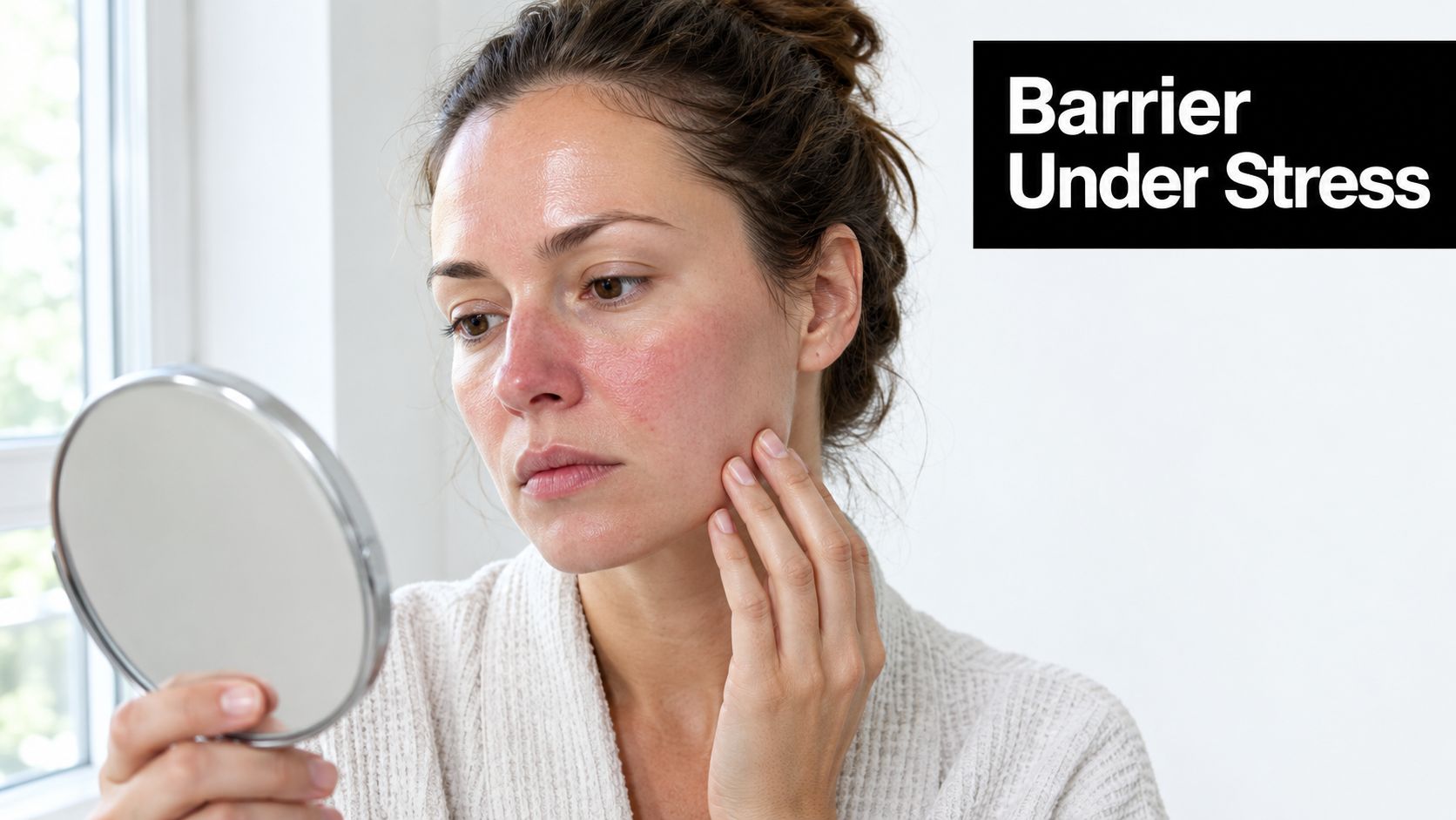 A woman examining her stressed, red, and irritated facial skin condition in a small hand mirror.