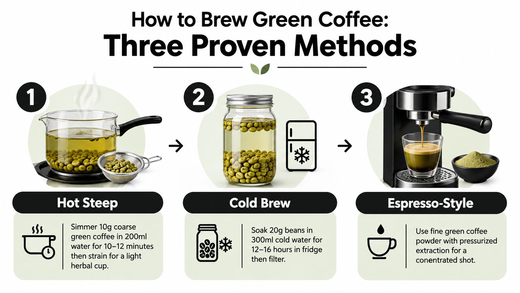 A visual guide explaining three methods for brewing green coffee including hot steep, cold brew, and espresso-style.