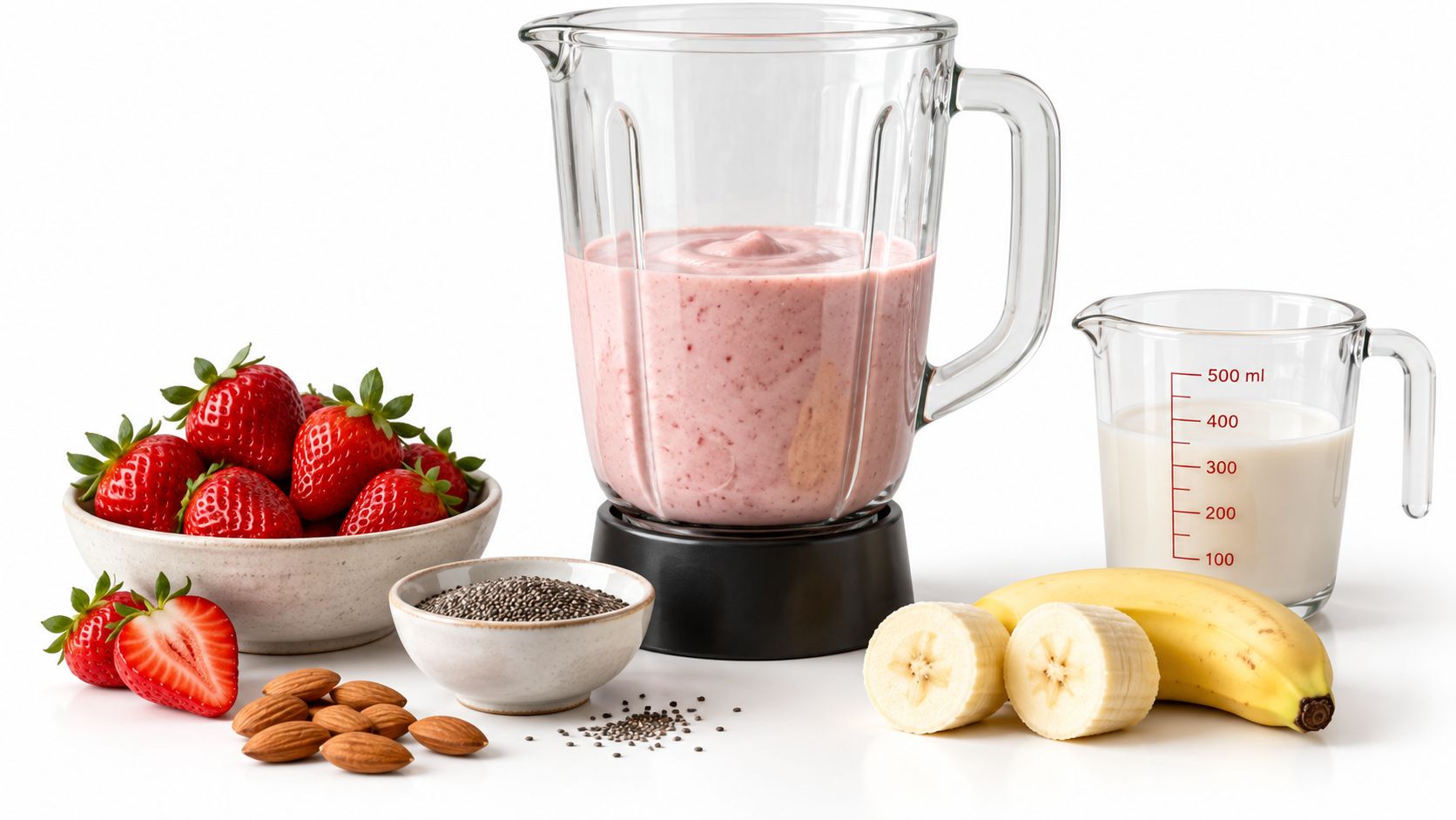 A blender containing a strawberry banana smoothie surrounded by fresh strawberries, milk, chia seeds, and whole almonds.